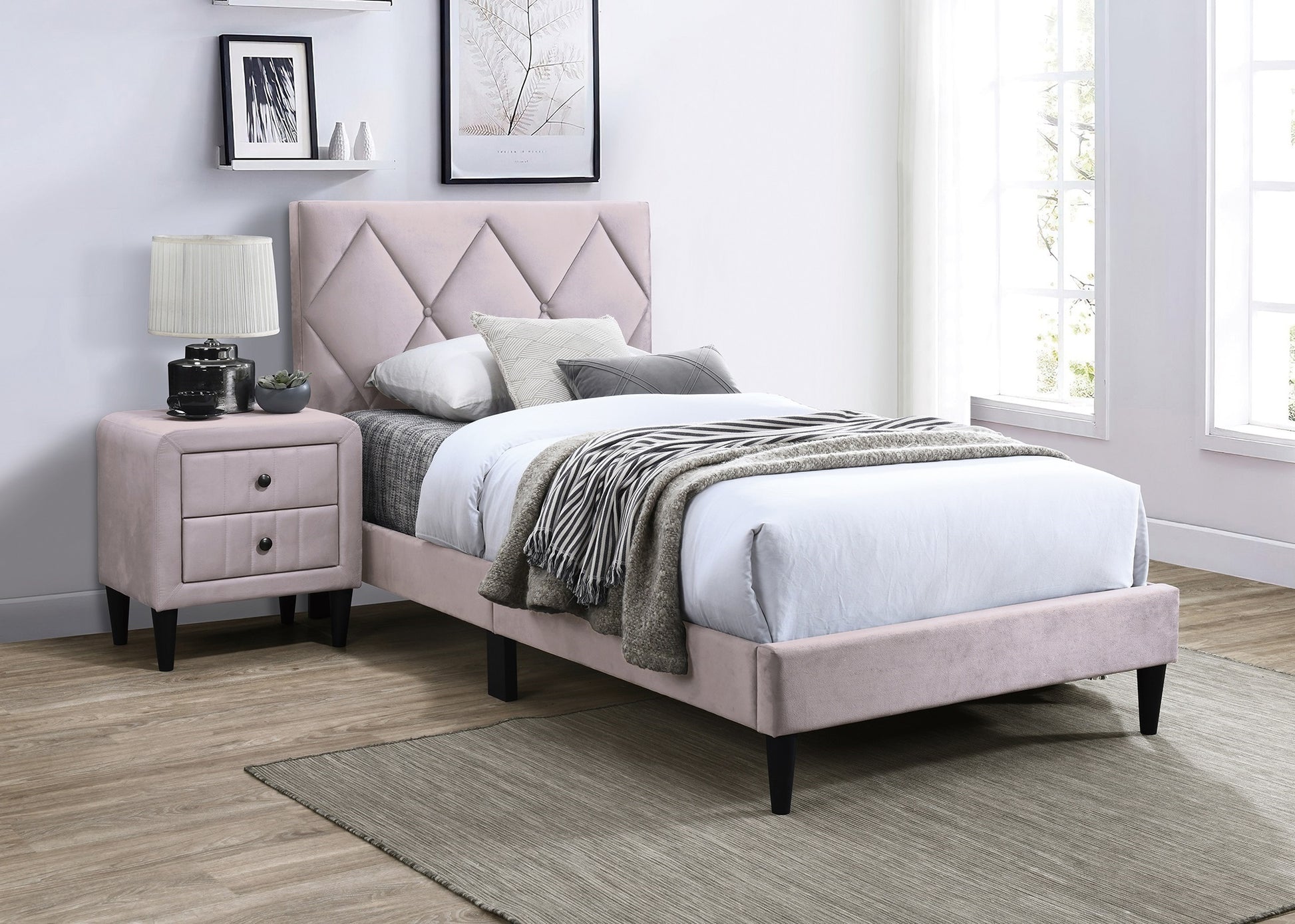 Twin Size Bed W Adjustable Headboard 1Pc Bedframe, Light Pink Velvet Upholstered Youth Bedroom Furniture Box Spring Not Required Twin Light Pink Wood Bedroom Classic,Contemporary,Mid Century Modern,Modern Bed Frame Foam Velvet Particle Board Mdf