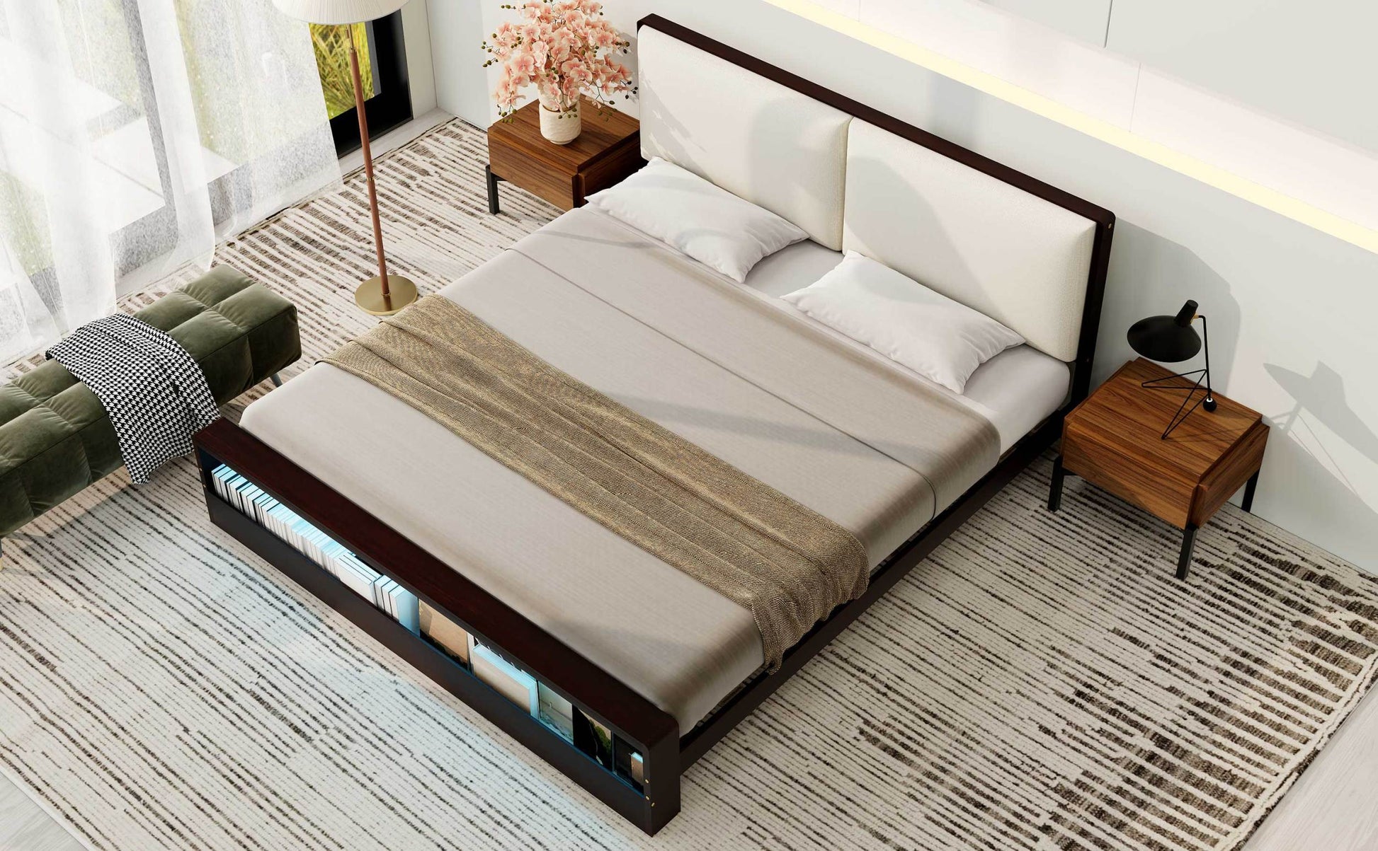King Size Platform Bed Frame With Upholstery Headboard And Bookshelf In Footboard And Led Light Strips, Espresso King Espresso Solid Wood Mdf