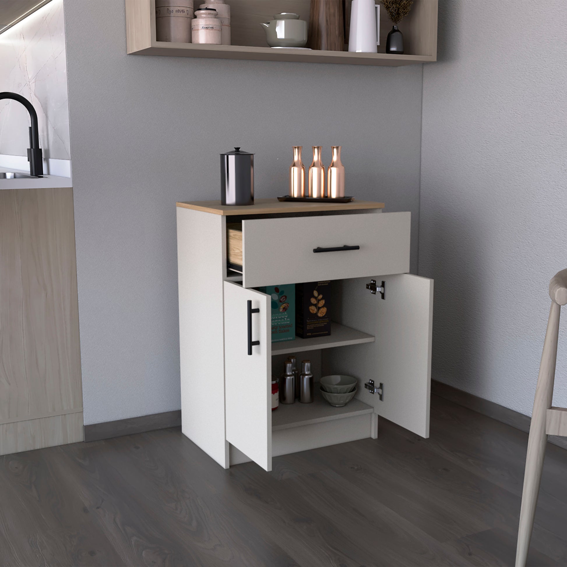 Pantry Organizer Cabinet 33" H, One Drawer, Two Interior Shelves, Two Doors, Ivory Natural Oak Multicolor Solid Wood Mdf Engineered Wood