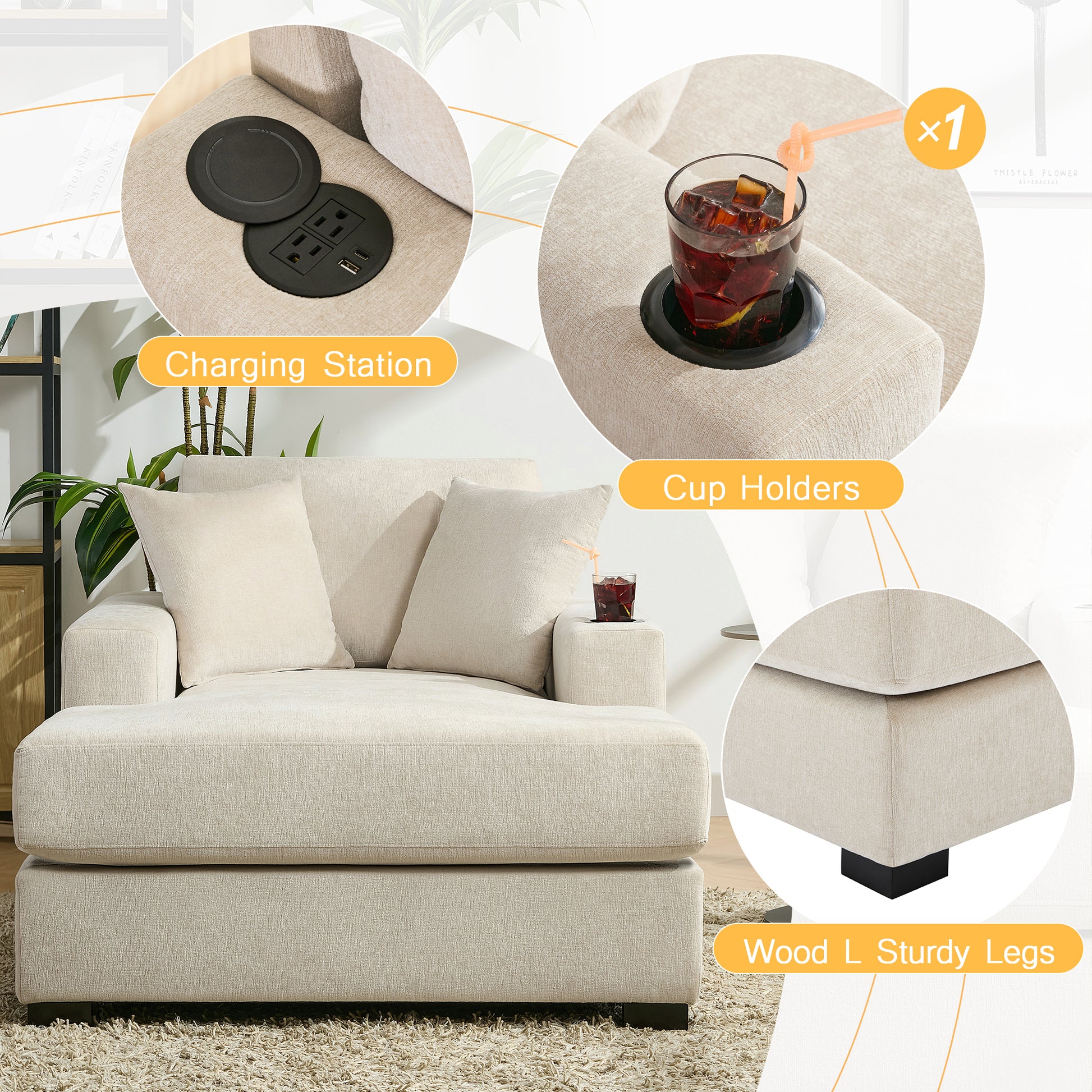 43.5" Oversized Chaise Lounger Modern Style Sofa Couch ,With Pillows, Charge Station & Cup Holders, Chenille Fabric, Cream Cream Chenille