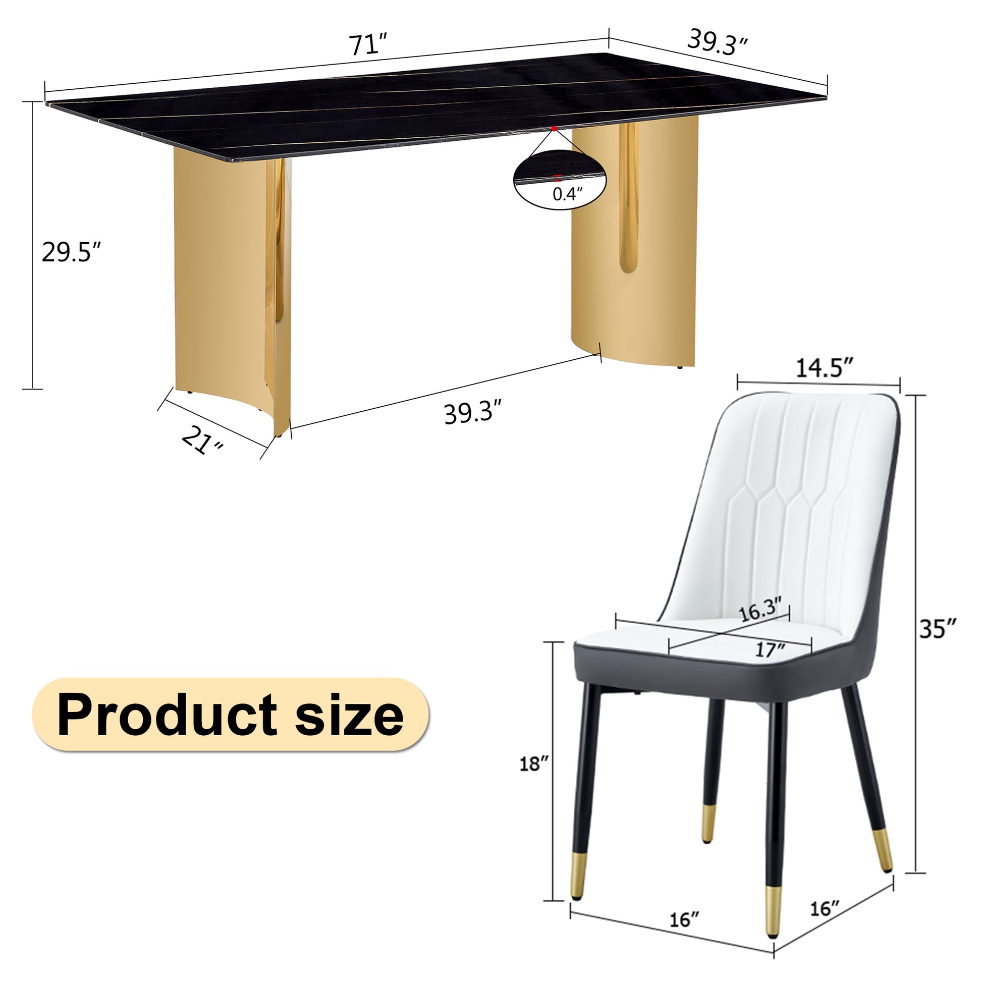 Table And Chair Set.The Table Has A Glass Top With Imitation Marble Pattern Stickers And Stainless Steel Golden Legs. Paried With Chairs With Pu Artificial Leather Backrest Cushions And Black Legs. Black Gold Seats 6 Glass Metal