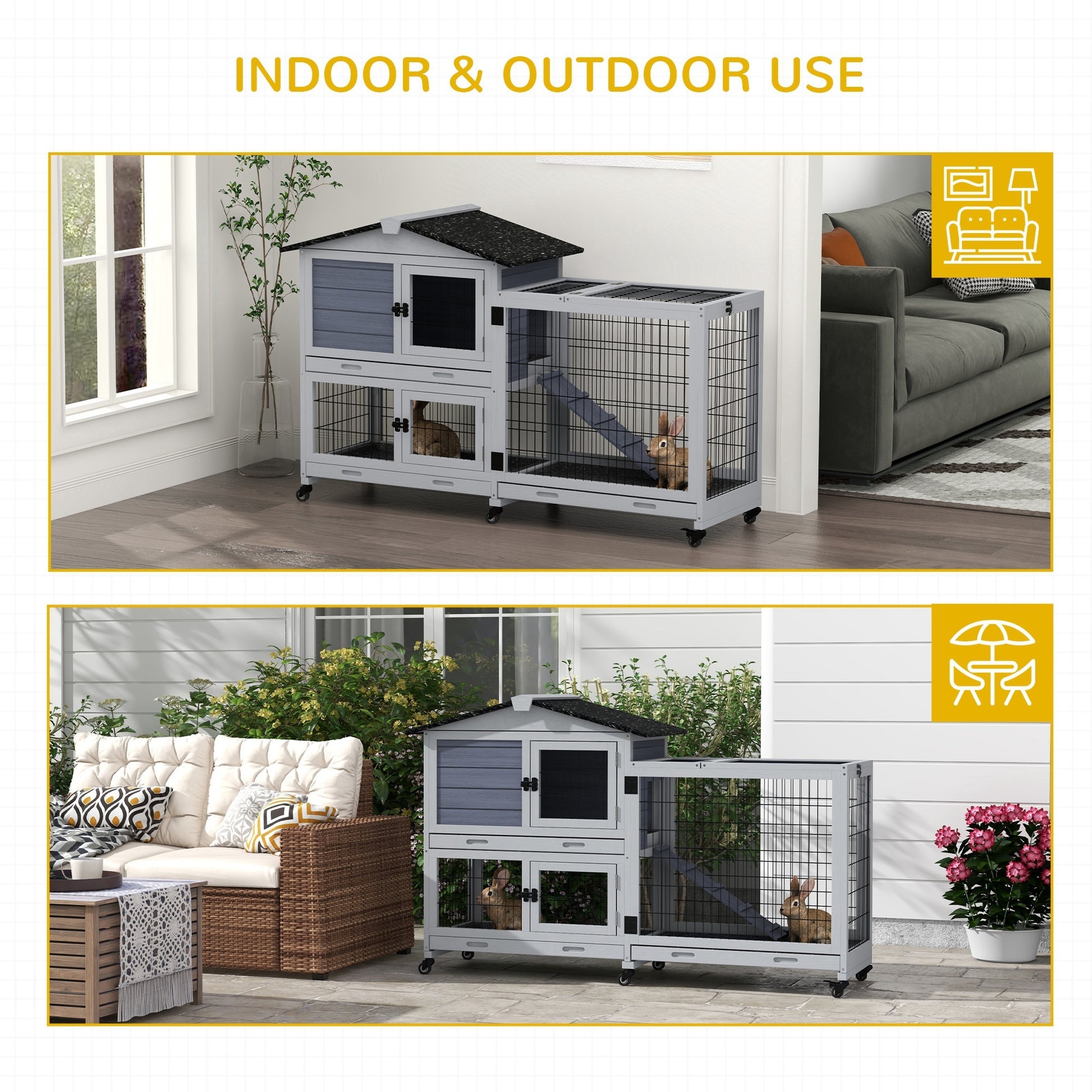 Pawhut Rabbit Hutch 2 Story Bunny Cage Small Animal House With Slide Out Tray, Wheels, For Indoor Outdoor, 59.8" X 20.9" X 39.2", Gray Grey Wood