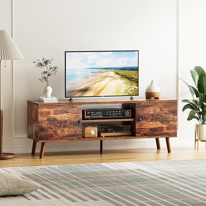 Tv Stand For 55 60 Inch Tv, Entertainment Center With Storage Cabinet, Media Console Table 2 Cabinet, Soft Hinge, Handle Door, Wooden Living Room, Office Furniture, Brown Brown 50 59 Inches Wood