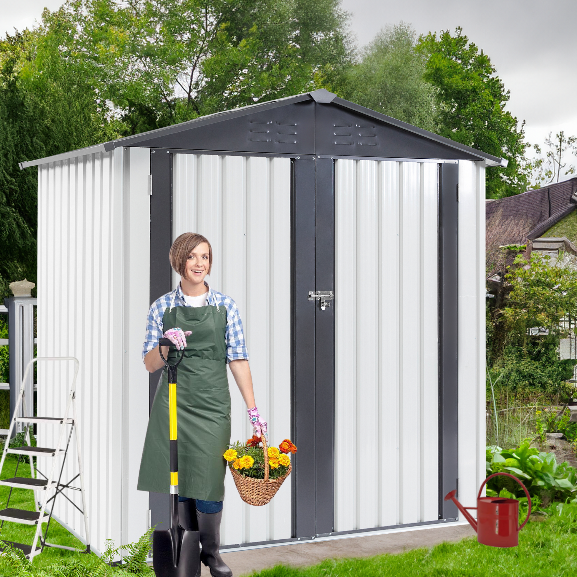 Xwt014 Garden Metal Storage Shed Gray White 6X4X6Ft Outdoor Storing Tools Rainproof Hinge Door Version Grey Metal