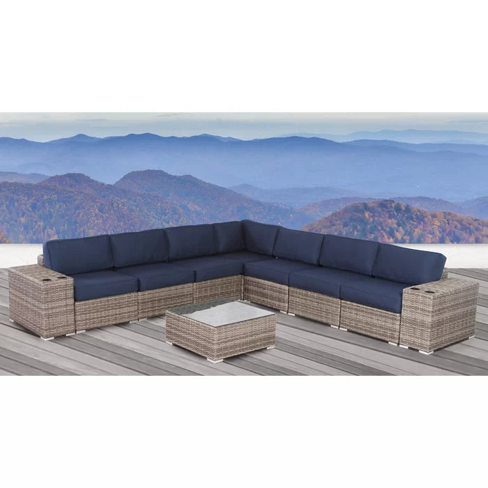 Stylish Rattan Wicker Fully Assembled 6 Person Seating Group With Premium Sunbrella Cushions Perfect For Outdoor Entertaining Dark Gray,Navy Blue Wicker