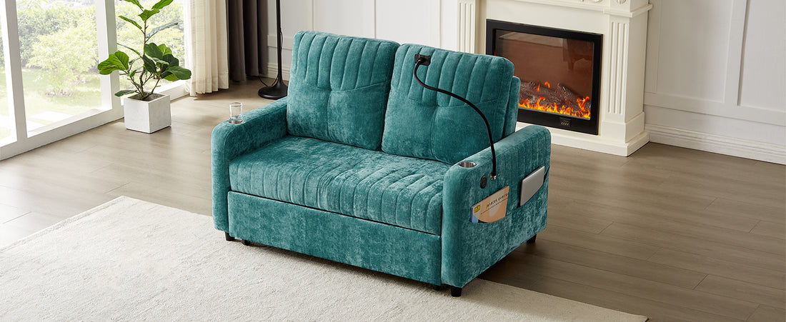 53.9" Modern Loveseat Pull Out Sofa Bed With Adjustable Backrest, Two Cup Holdersa Phone Holder, Three Charging Ports And Side Storage Pockets For Living Room, Teal Teal Foam Chenille