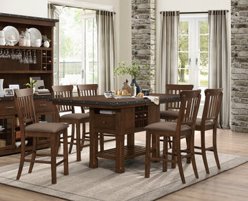 Dark Brown Finish 7Pc Dining Set Storage Base Counter Height Table And 6 Counter Height Chairs Set Extension Leaf Drawers Wine Rack Table Base Wooden Furniture Wood Wood Dark Brown Seats 6 Wood Dining Room Extendable Transitional Rectangular Dining Table