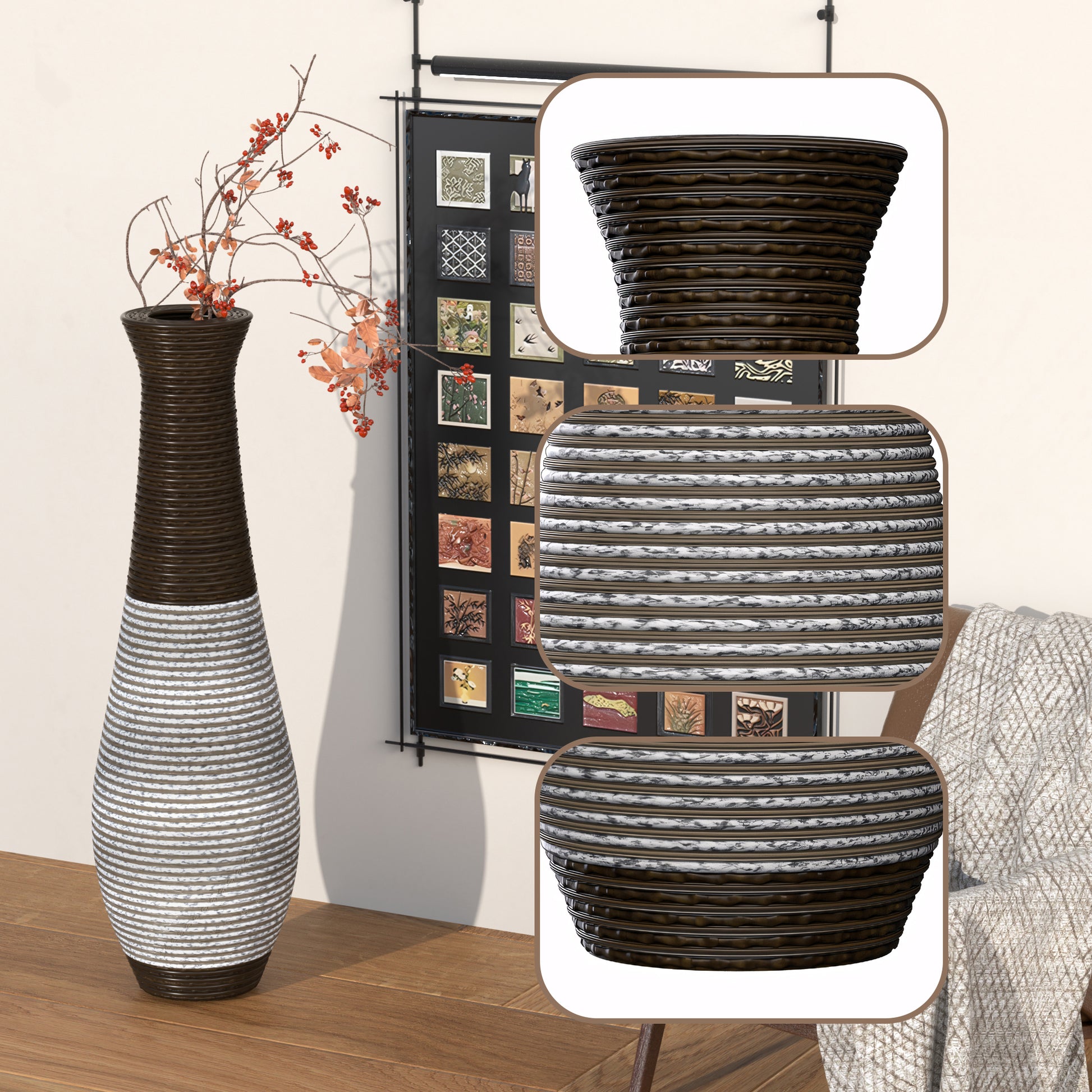 39 Inch Tall Standing Designer Floor Vase Durable Artificial Rattan Elegant Two Tone Dark Brown Finish Ideal Decor Accent For Living Room, Bedroom, Entryway Stylish Home Decor Statement Piece Black Gray American Design,American Traditional,Antique Pvc