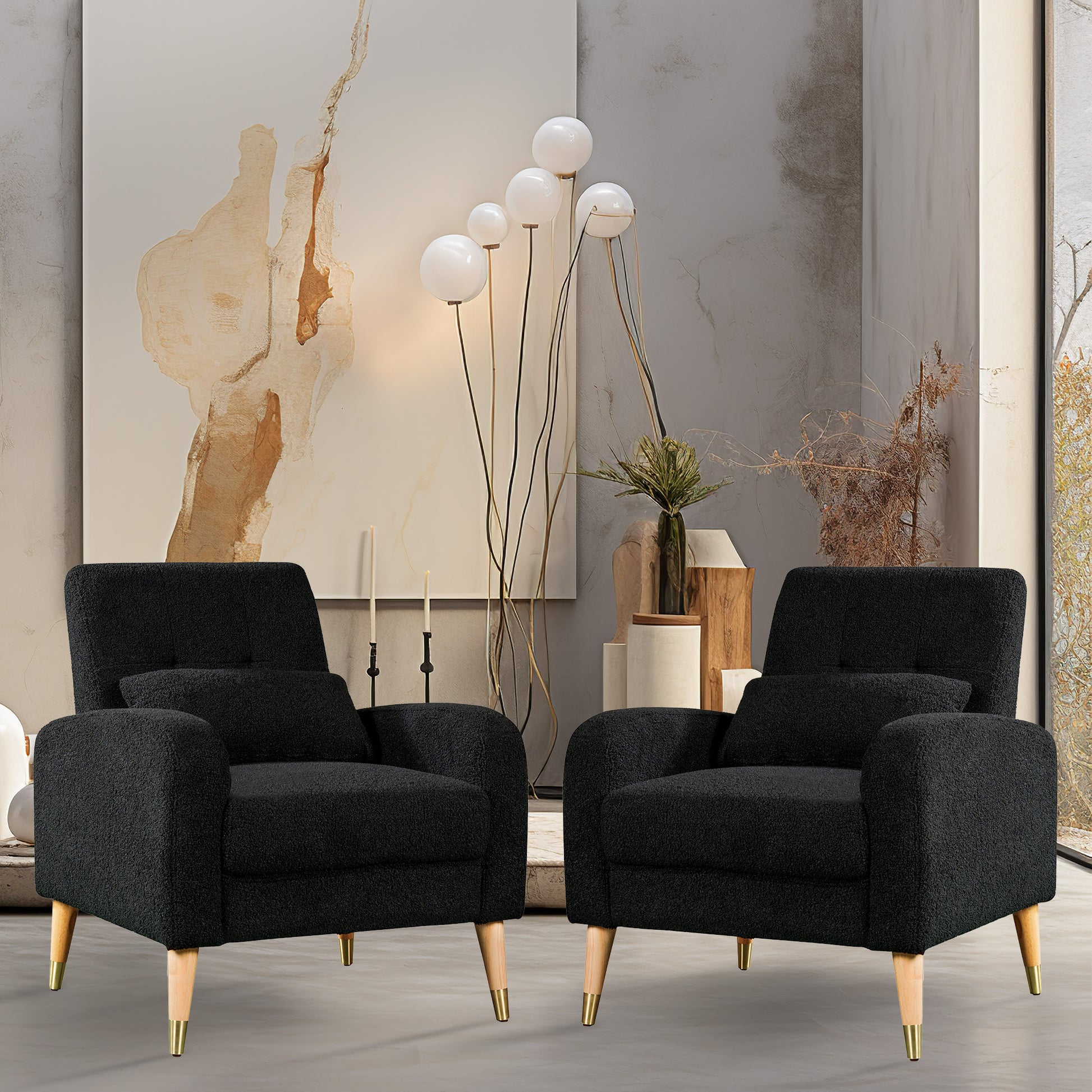 Mid Century Modern Accent Chair, Upholstered Armchair Living Room Chair, Comfy Single Sofa Chair With Metal Legs, Polyester Fabric Chair For Living Room Bedroom Black Sherpa