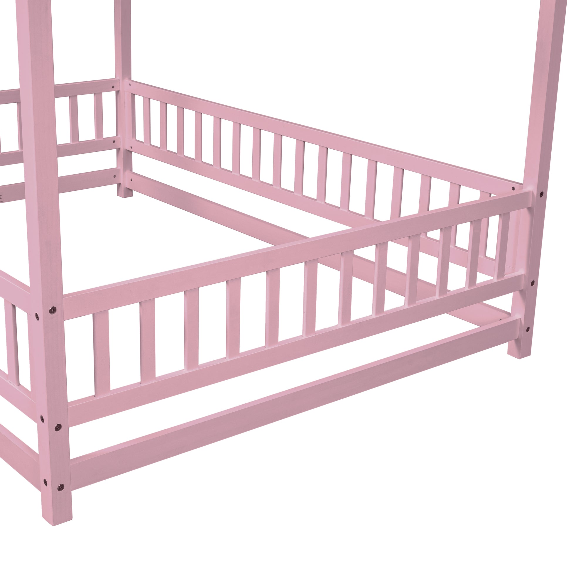 Full Size Floor Wooden Bed With House Roof Frame, Fence Guardrails ,Pink Full Pink Pine