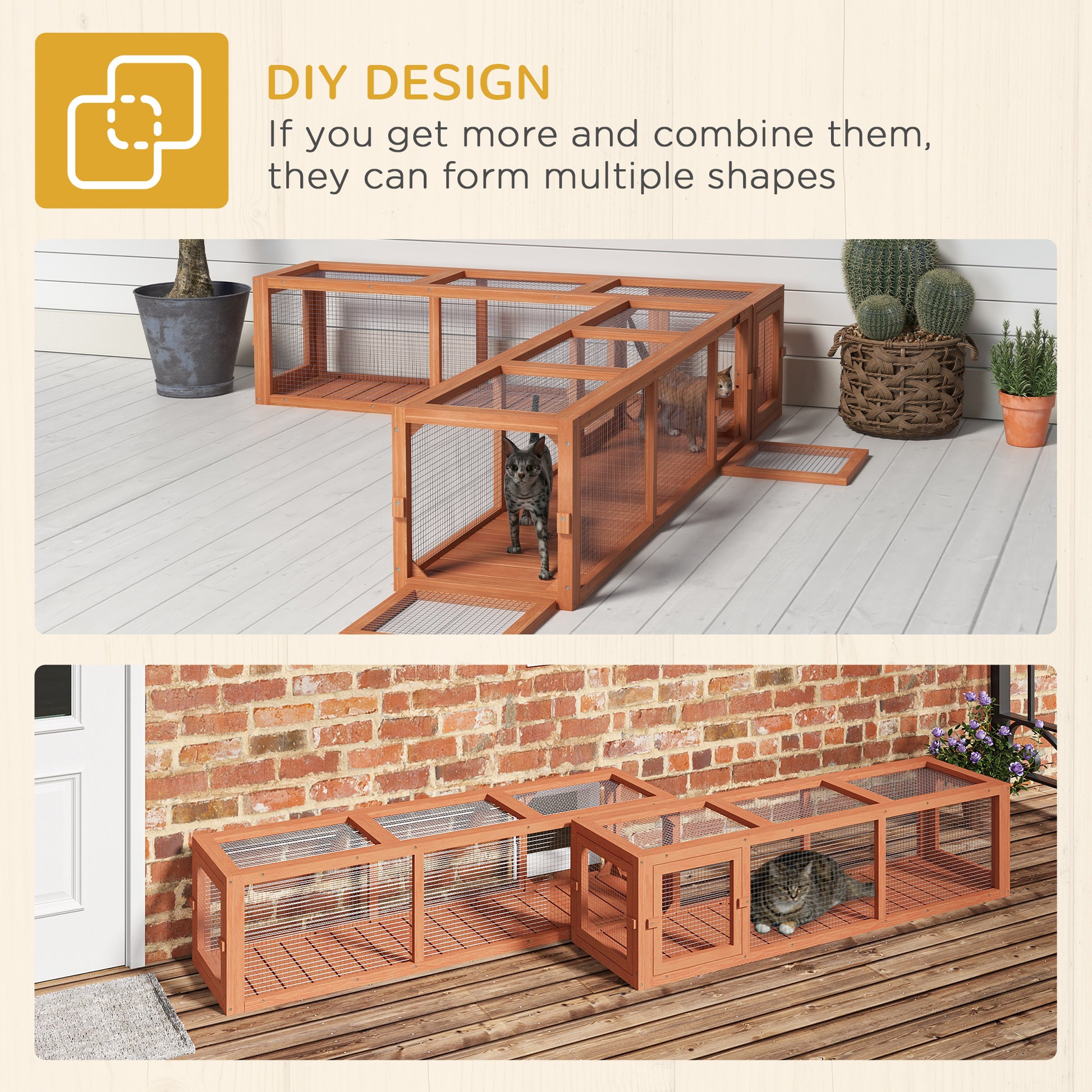 Pawhut Outdoor Cat Tunnel With Extendable Design, 59" L Wooden Cat Run With Weather Protection, Connecting Inside And Outside, For Deck Patios, Balconies, Orange Orange Wood