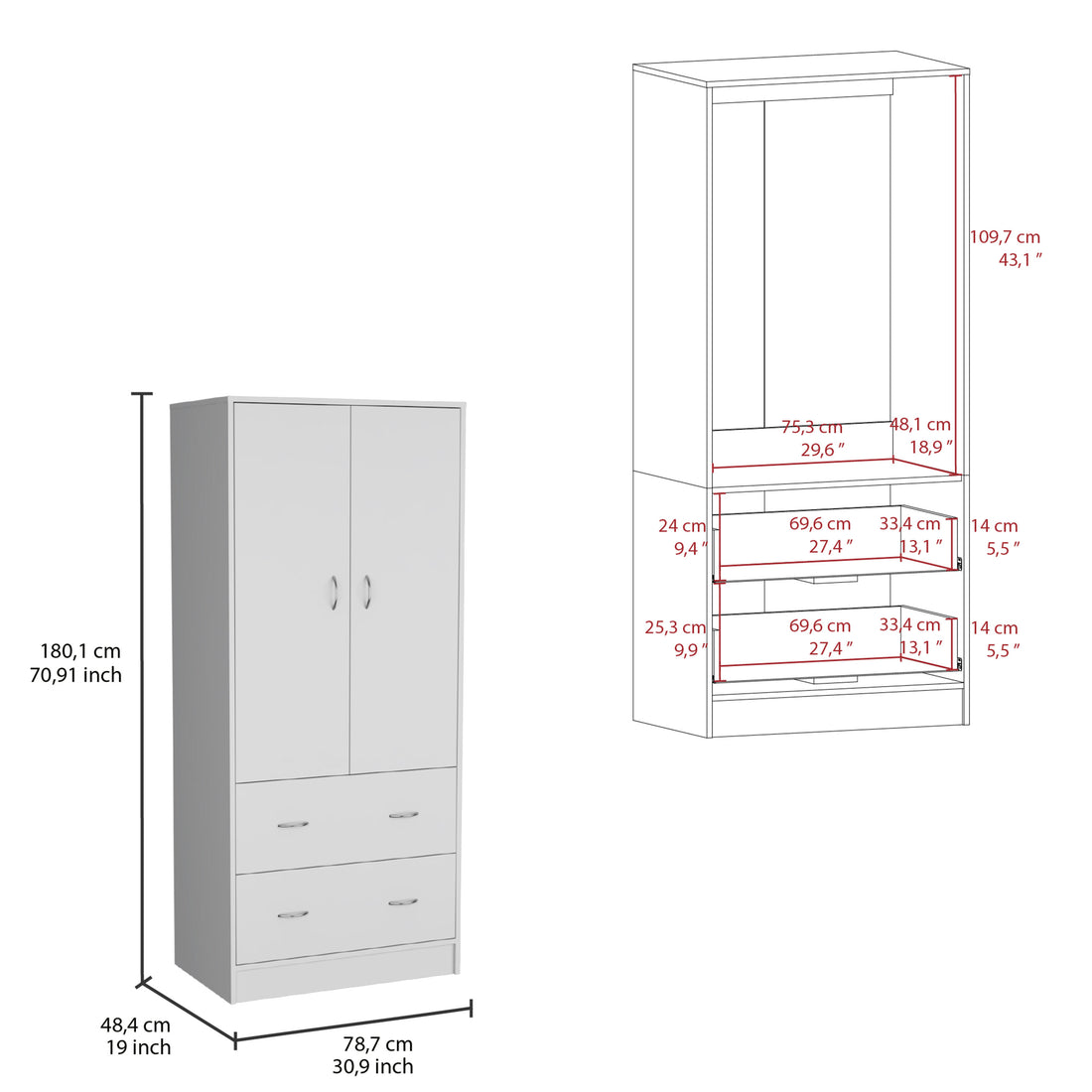 Taly Armoire With Double Doors, 2 Drawers, And Hanging Rod White White Particle Board