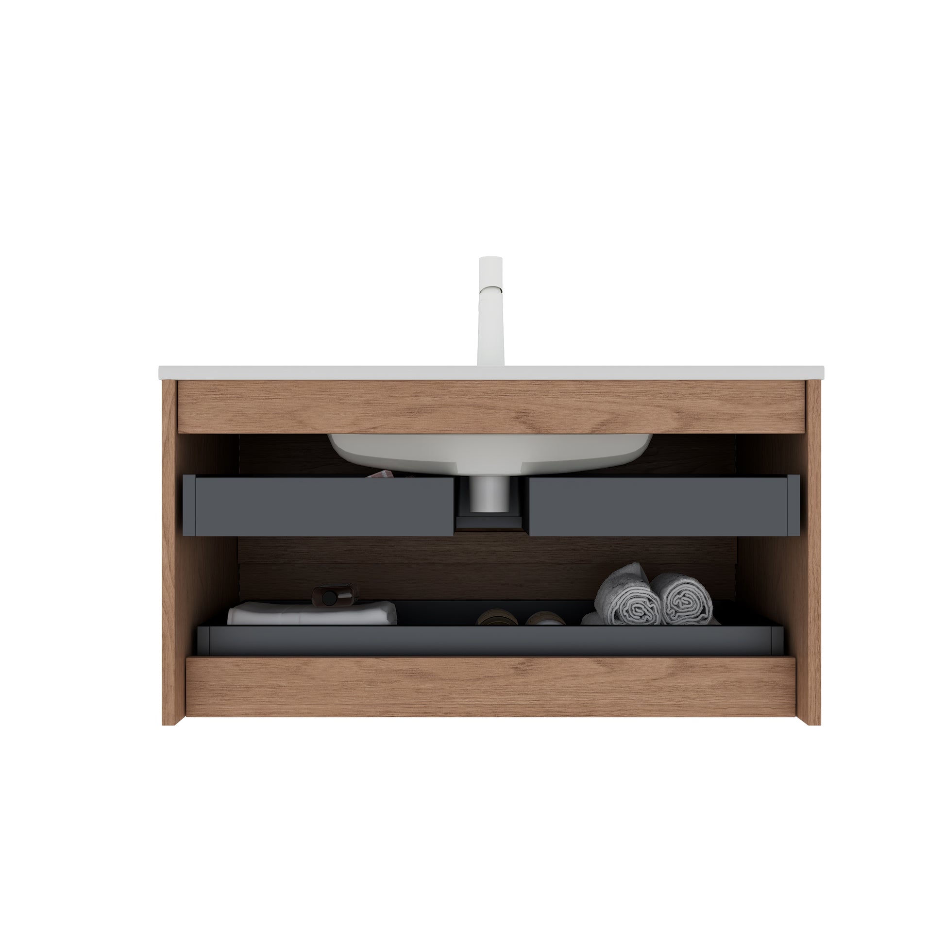 Bron 36" Bathroom Vanity With Sink, Modern Wall Mounted Floating Plywood Bathroom Storage Cabinet With 2 Drawers, White Ceramic Basin With Sink Hole Cover And Drain, Natural Walnut White Natural