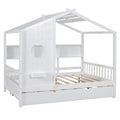 Wooden Full Size House Bed With Trundle, Modern Design For Kids With Storage Shlef, White Full White Solid Wood