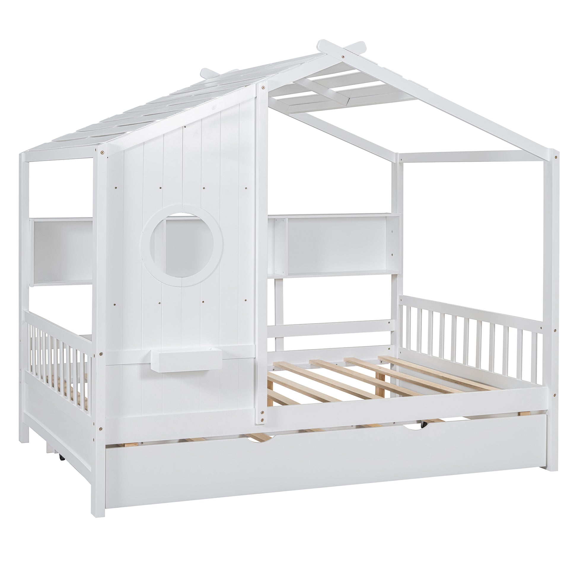 Wooden Full Size House Bed With Trundle, Modern Design For Kids With Storage Shlef, White Full White Solid Wood