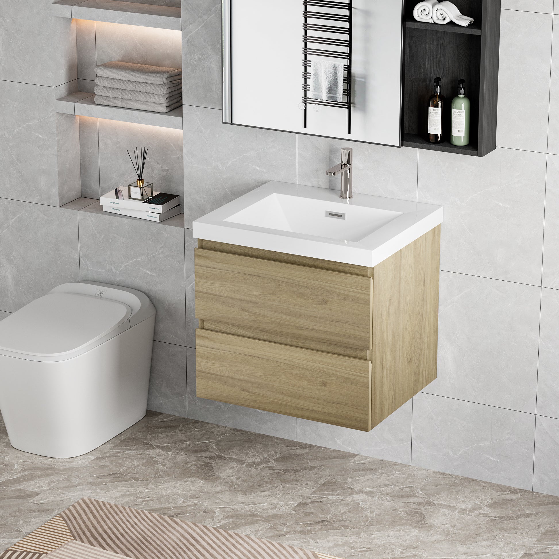 30" Floating Bathroom Vanity With Sink, Modern Wall Mounted Bathroom Storage Vanity Cabinet With Resin Top Basin And Soft Close Drawers, Natural Oak 24V11 30No 2 Oak Bathroom Wall Mounted Melamine