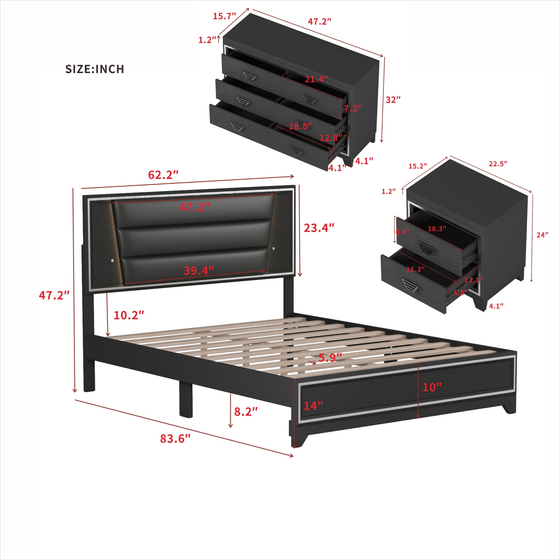 3 Pieces Bedroom Sets Queen Size Upholstered Bed With Led Lights, Nightstands And Dresser With Metal Handles And Sparkling Shiny Decoration, Black Expected Arrival Time:8.5 Queen Black 3 Piece Set Mdf Metal