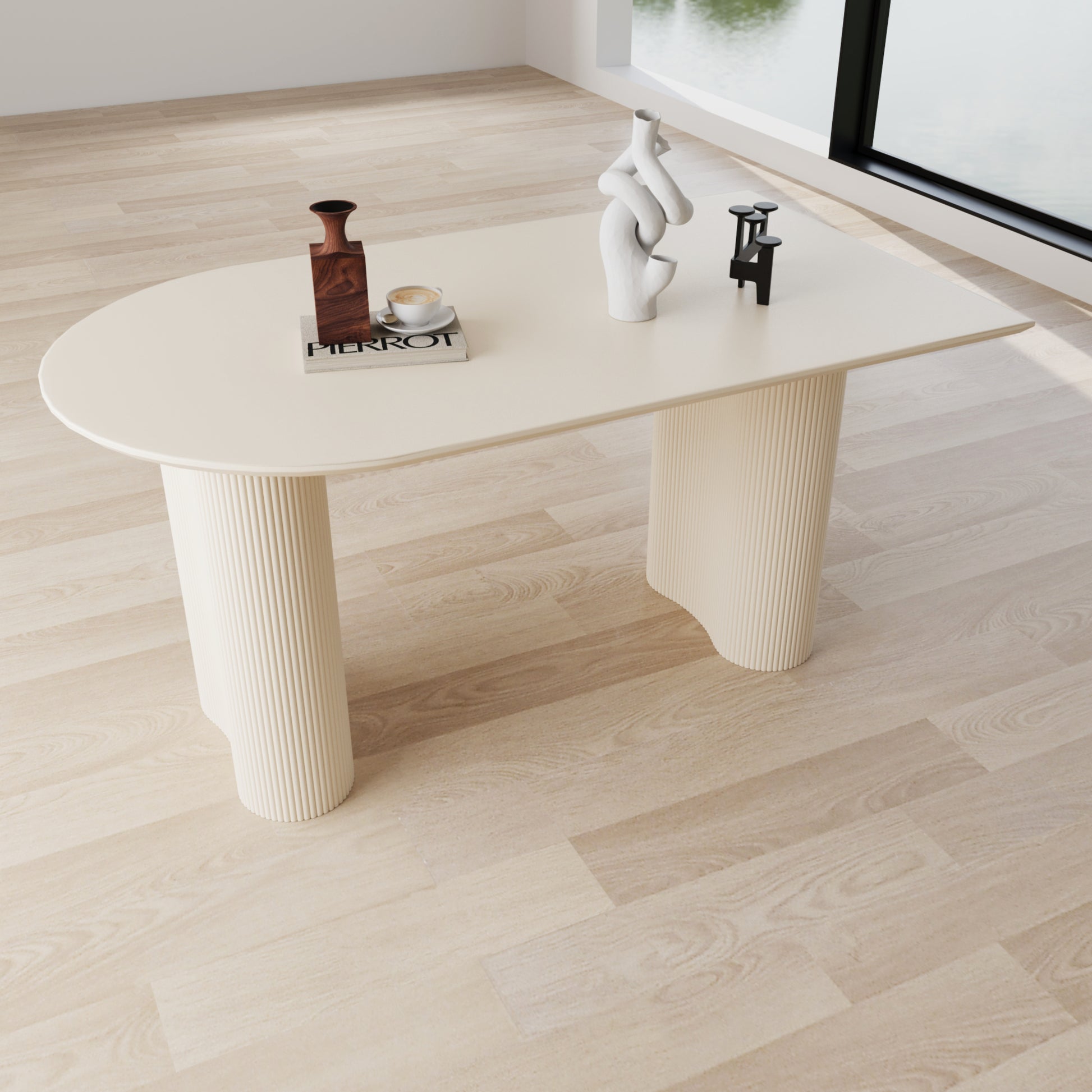63 "Modern Fashion Mdf Cream Style Coffee Table And Irregular Side Table, 4 8 Person Dining Table, Thick Engineering Wood Round Wave Table Legs, Home Kitchen Thick Elegant Cream White Table Top Cream White Mdf
