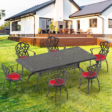 Cushions In Random Colors 7 Piece Set Of Cast Aluminum Patio Furniture With Cushions Yes Dining Set Black Seats 6 Rust Resistant Frame Water Resistant Cushion Garden & Outdoor Complete Patio Sets Aluminium