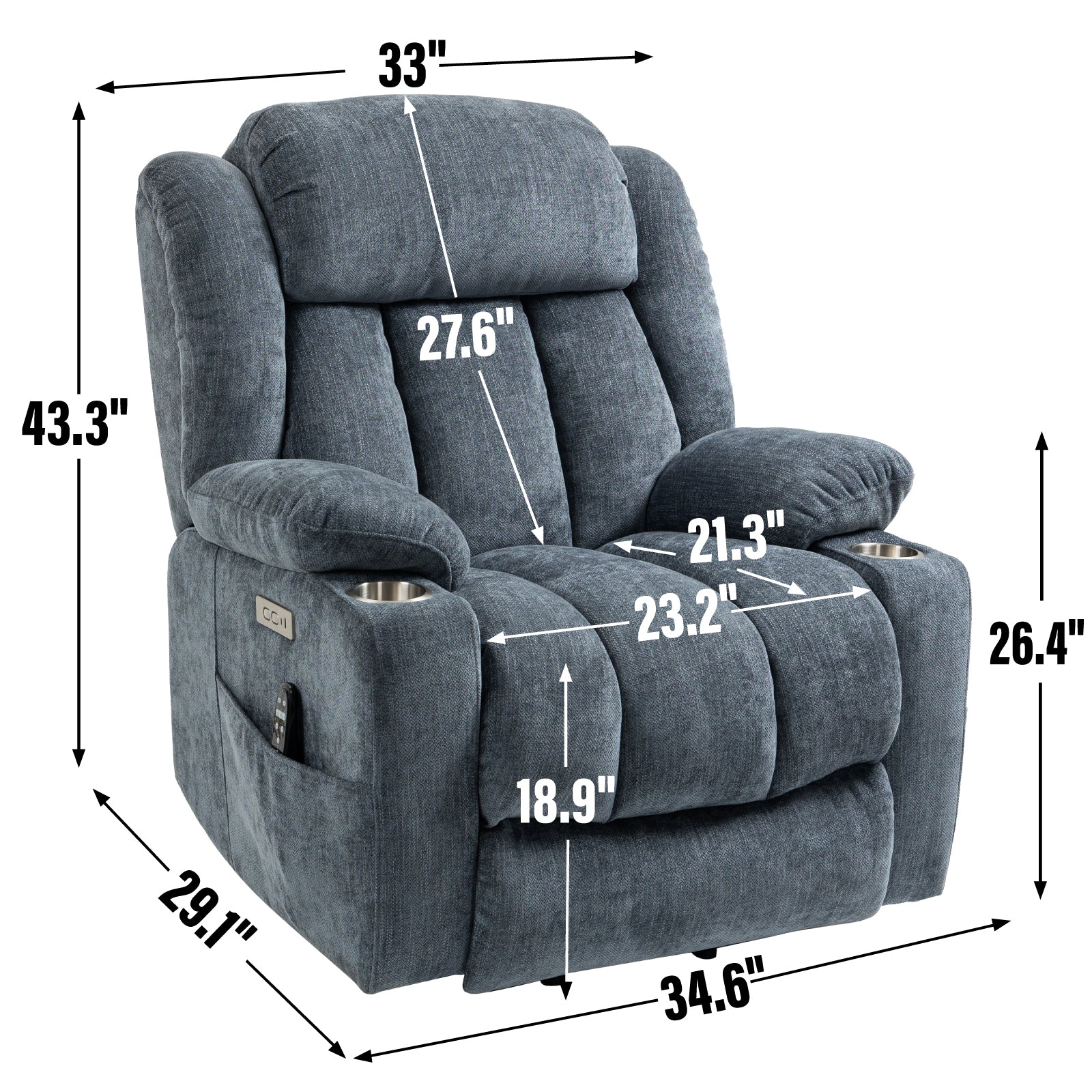 Up To 350 Lbs Chenille Power Lift Recliner Chair, Heavy Duty Motion Mechanism With 8 Point Vibration Massage And Lumbar Heating, Usb And Type C Ports, Stainless Steel Cup Holders, Blue White Metal Primary Living Space Heavy Duty Pine Blue Chenille Power