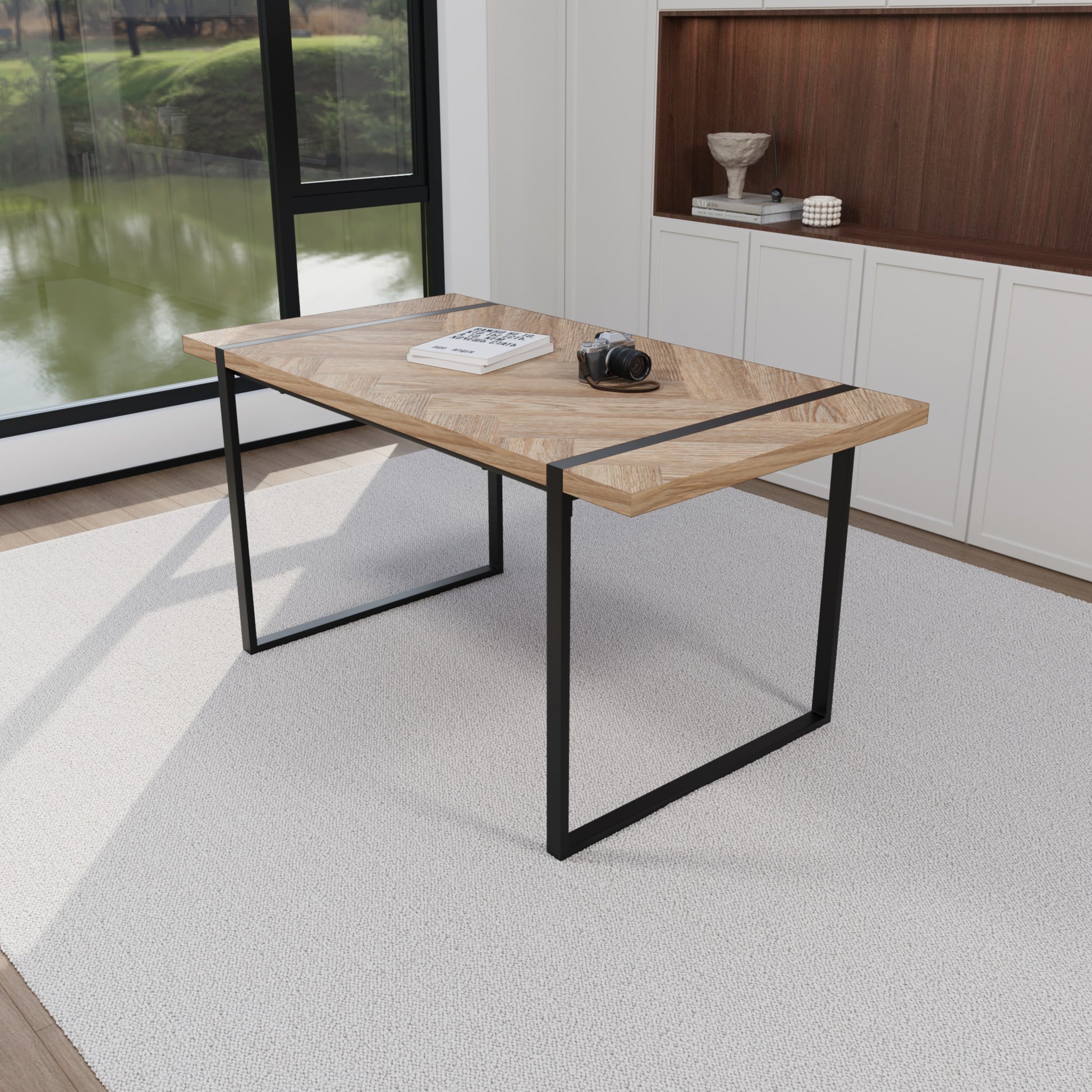 59 "Rural Industrial Rectangular Mdf Light Wood Dining Table, 4 6 People, 1.5" Thick Engineering Wood Tabletop And Black Rectangular Metal Legs, Used For Desks, Kitchens, Terraces, Restaurants Natural Wood Kitchen Mdf
