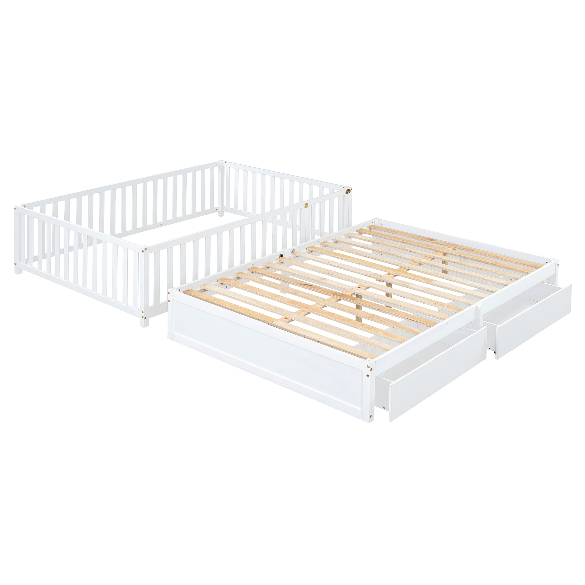 Full Size Wood Daybed With Fence Guardrails And 2 Drawers, Split Into Independent Floor Bed & Daybed, White Old Sku :Lp000882Aak Full White Solid Wood Mdf