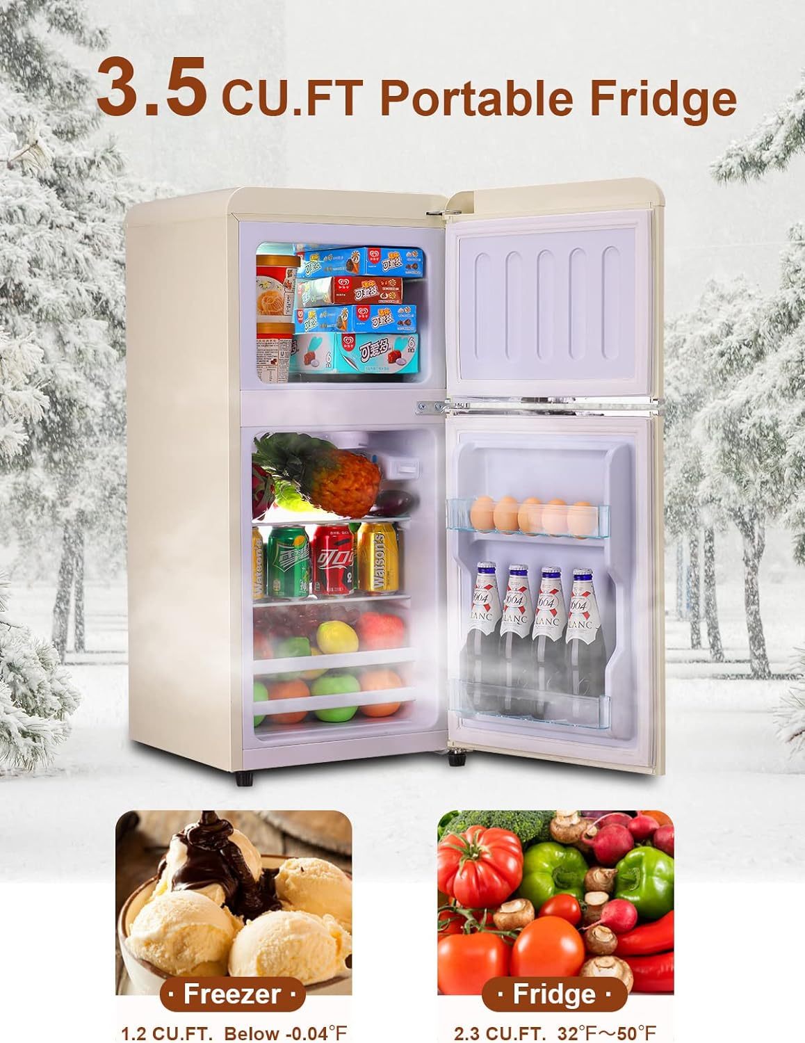 3.5Cu.Ft Compact Refrigerator Mini Fridge With Freezer, Small Refrigerator With 2 Door, 7 Level Thermostat Removable Shelves For Kitchen, Dorm, Apartment, Bar, Office, Cream Cream Kitchen Modern Abs Steel Q235