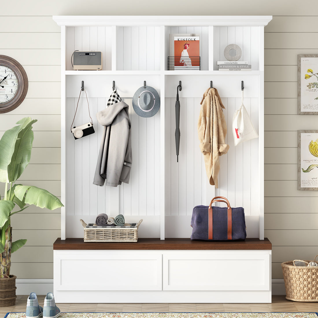 Farmhouse 4 In 1 Hall Tree With Wood Grain Bench, Mudroom Versatile Coat Rack With 2 Large Drawers, Large Entrance Organizer With 6 Black Hooks For Hallway, Living Room, White, 55.9"Wx75.6"H White