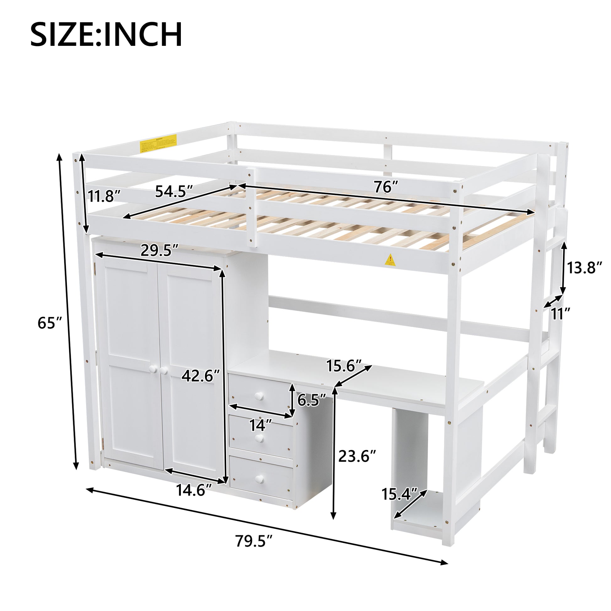 Full Size Loft Bed With Wardrobe, Desk And Storage Drawers, White Full White Pine