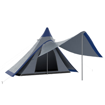 Outsunny 15.4'X15.4'X8.5' Teepee Tent, Waterproof Camping Tent With Porch Area, Floor And Carry Bag, For 2 3 Person Outdoor Backpacking Camping Hiking, Blue Blue Aluminum