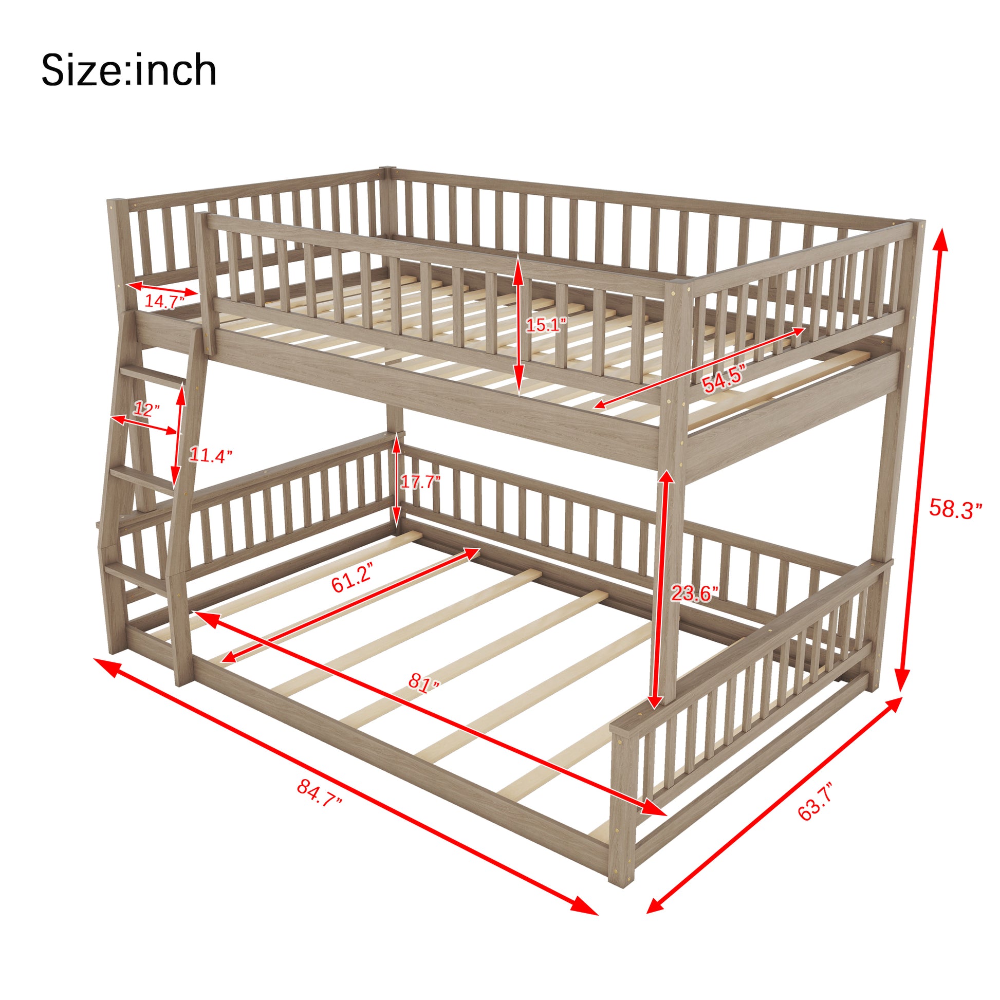 Full Xl Over Queen Bunk Bed With Ladder And Guardrails, Walnut Box Spring Not Required Queen Walnut Wood Bunk Solid Wood Mdf