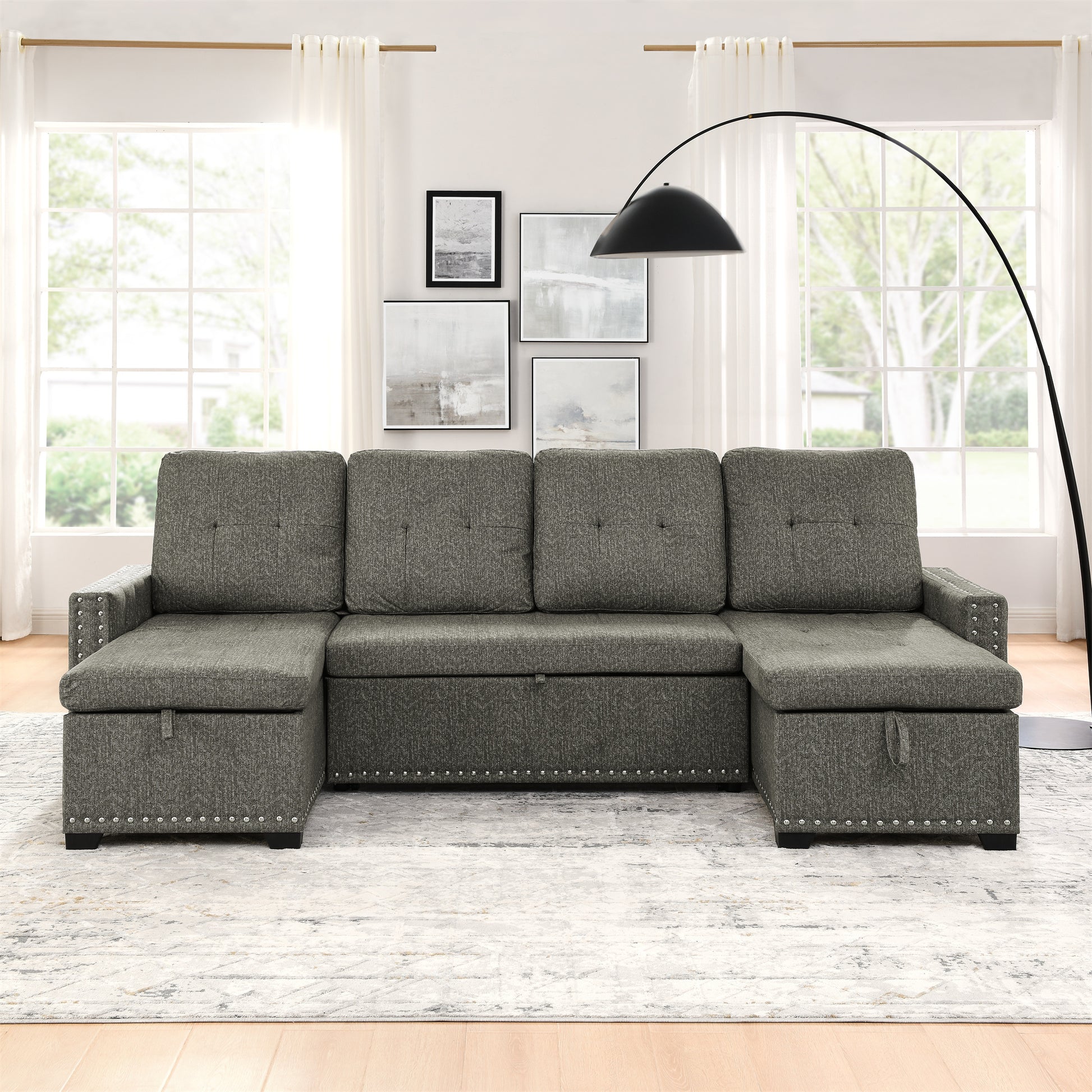 109 Inch Overisze 2 In 1 Pull Out Bed, Sectional Sleeper Sofa With Double Storage Chaise For Living Room, Grey Linen Couch Black Gray Linen Wood Primary Living Space Medium Soft Cushion Back American Design Poplar Foam Wood Fabric 4 Seat