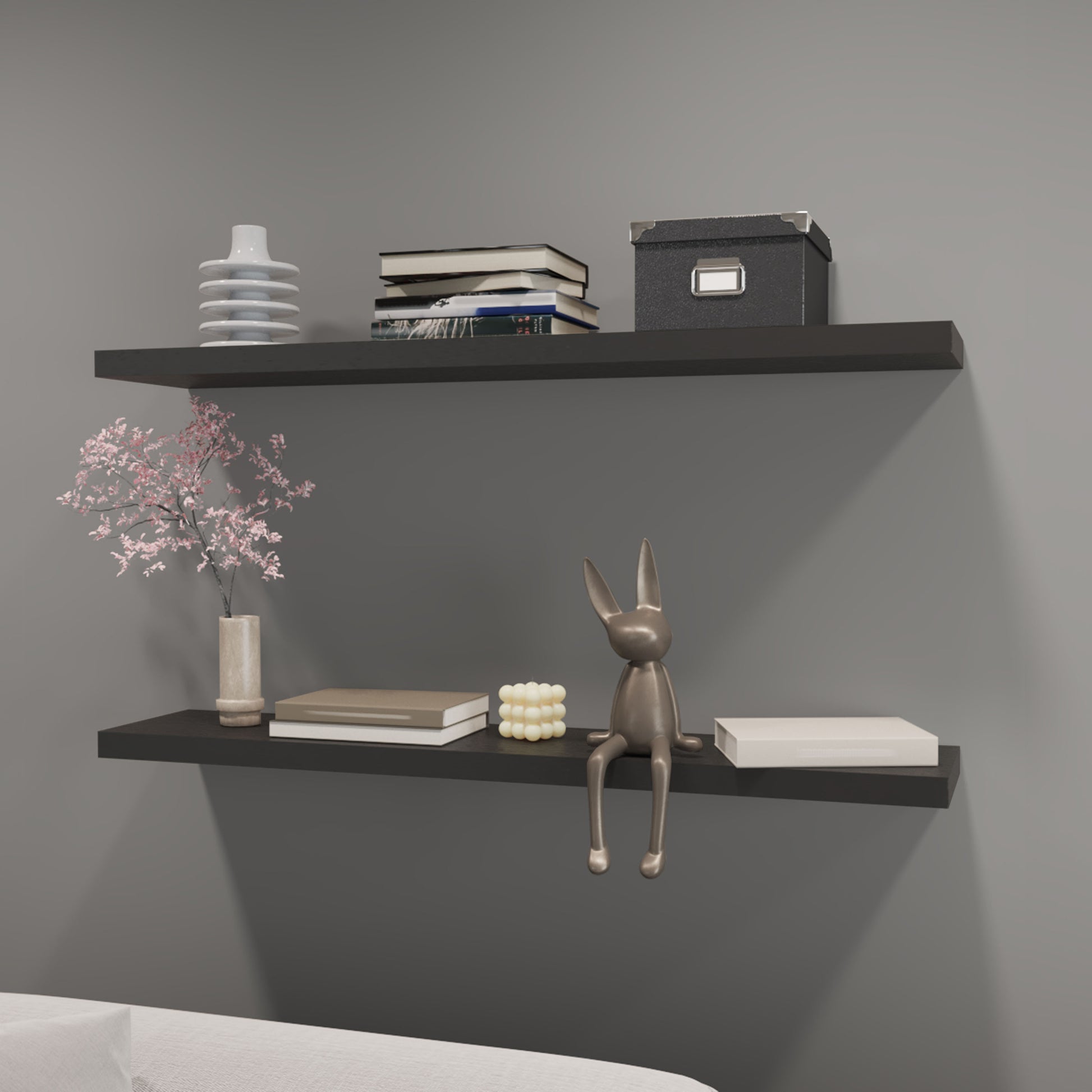 Greer Floating Shelf In Melamine X2, Black Black Horizontal Primary Living Space Open Back Wood Modern Wall Mounted Particle Board Melamine