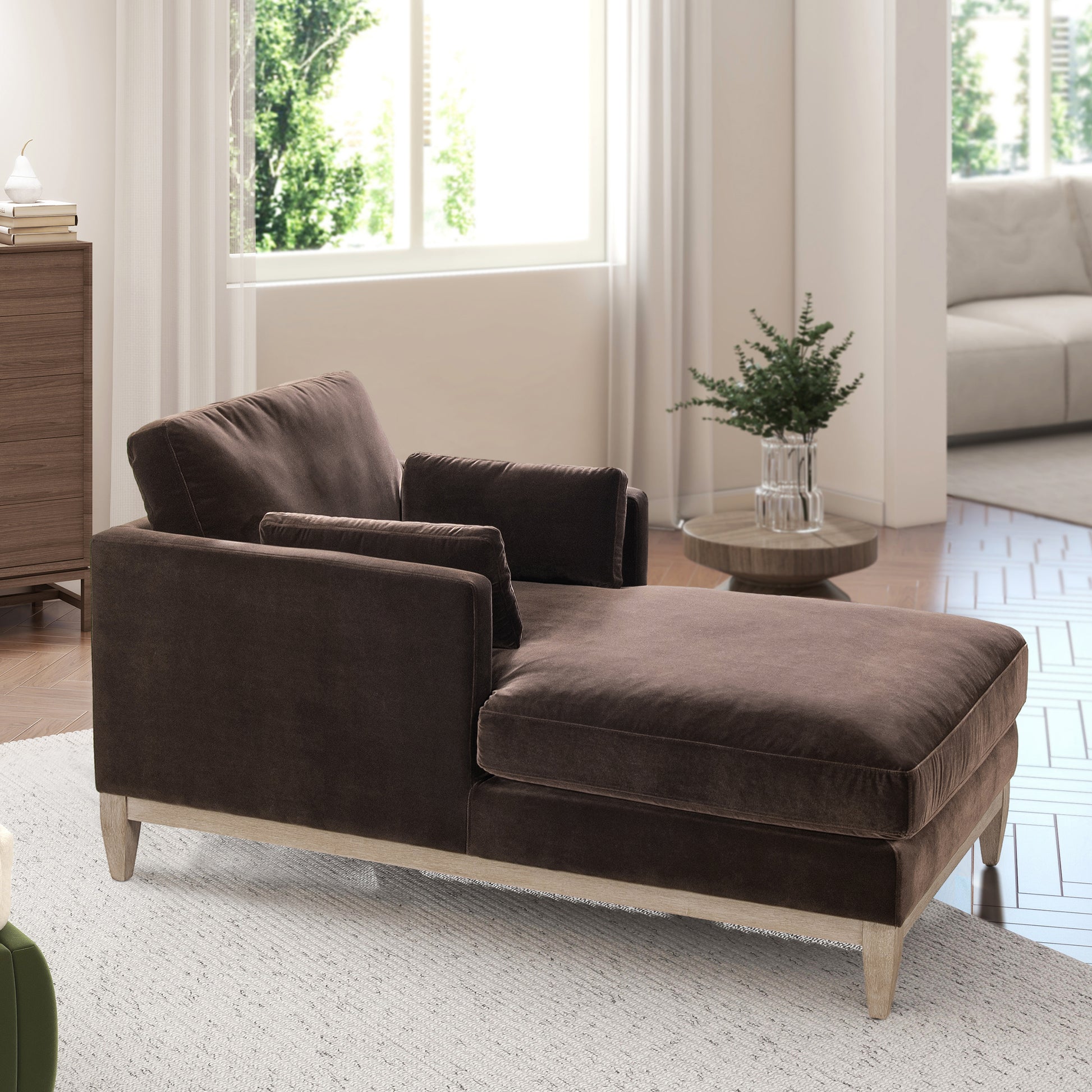 Knox 65" Modern Farmhouse Chaise Lounge Chair, Deep Brown Performance Velvet Brown Foam Velvet