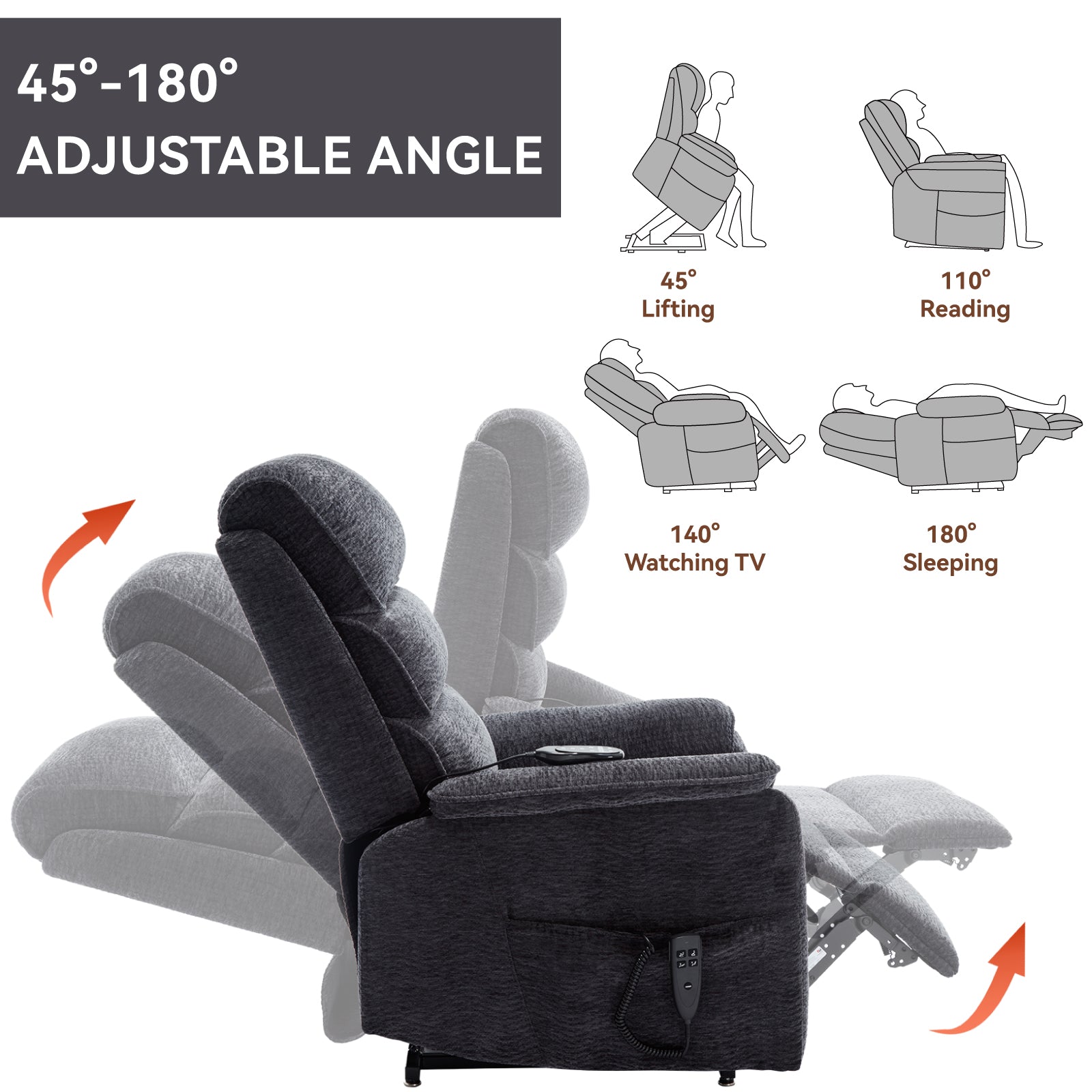 Grey Chenille Dual Motor Infinite Position Up To 350 Lbs Power Lift Recliner Chair With Power Remote, Heat Massage And Heavy Duty Motion Mechanism White Metal Primary Living Space Heavy Duty Push