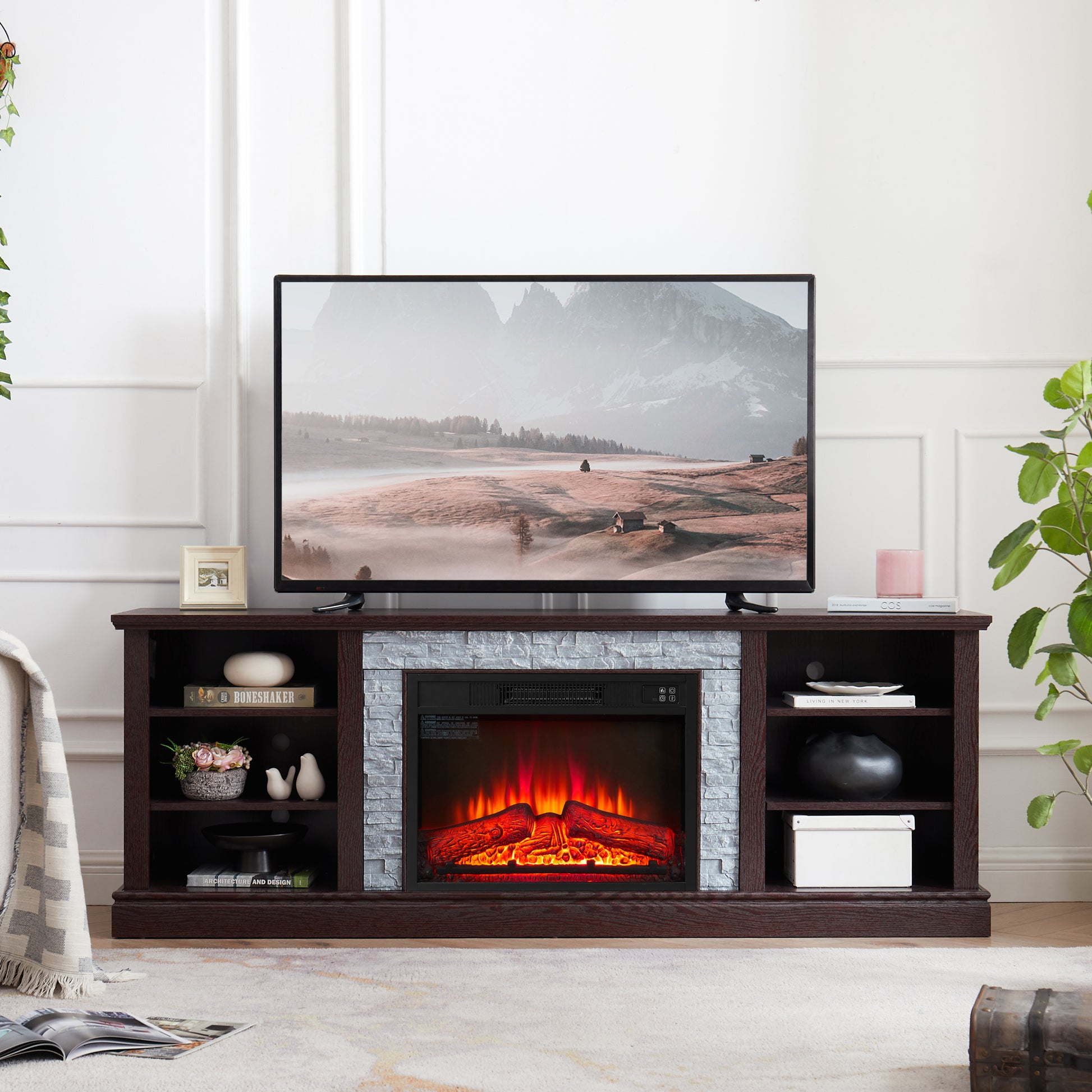 Large Tv Desk Storage Rack With Faux Stacked Stone Surround,Media Console Table With Large Storage Cabinet,Modern Tv Media Stand With 23" Fireplace Insert,Cherry, 70.12"W*15.35"D*25.83"H Cherry 70 79 Inches Mdf