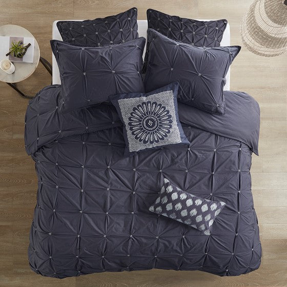 3 Piece Elastic Embroidered Cotton Duvet Cover Set Queen Dark Navy Cotton