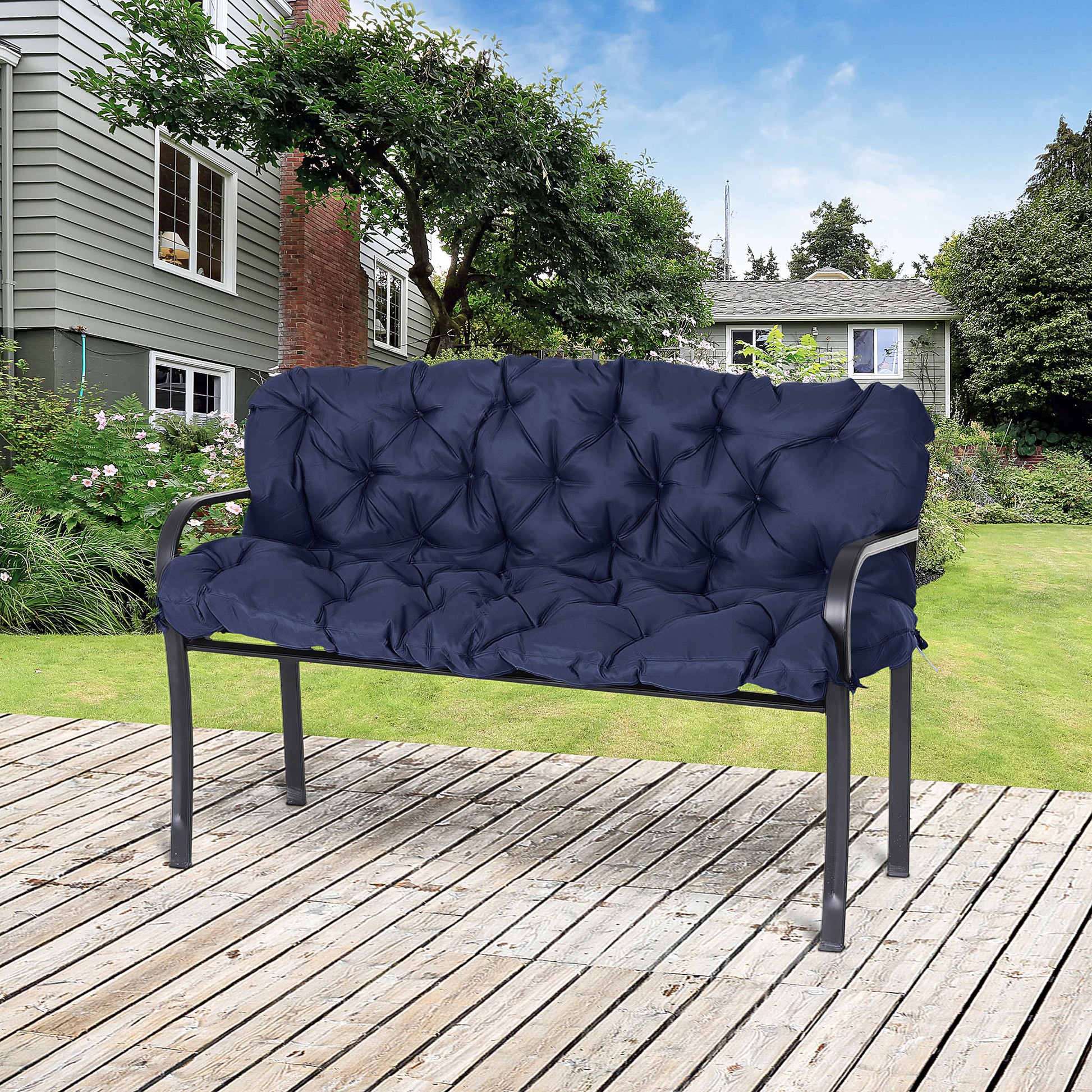 Outsunny Tufted Bench Cushions For Outdoor Furniture, 3 Seater Replacement For Swing Chair, Patio Sofa Couch, Overstuffed, Includes Backrest, Dark Blue Blue Polyester