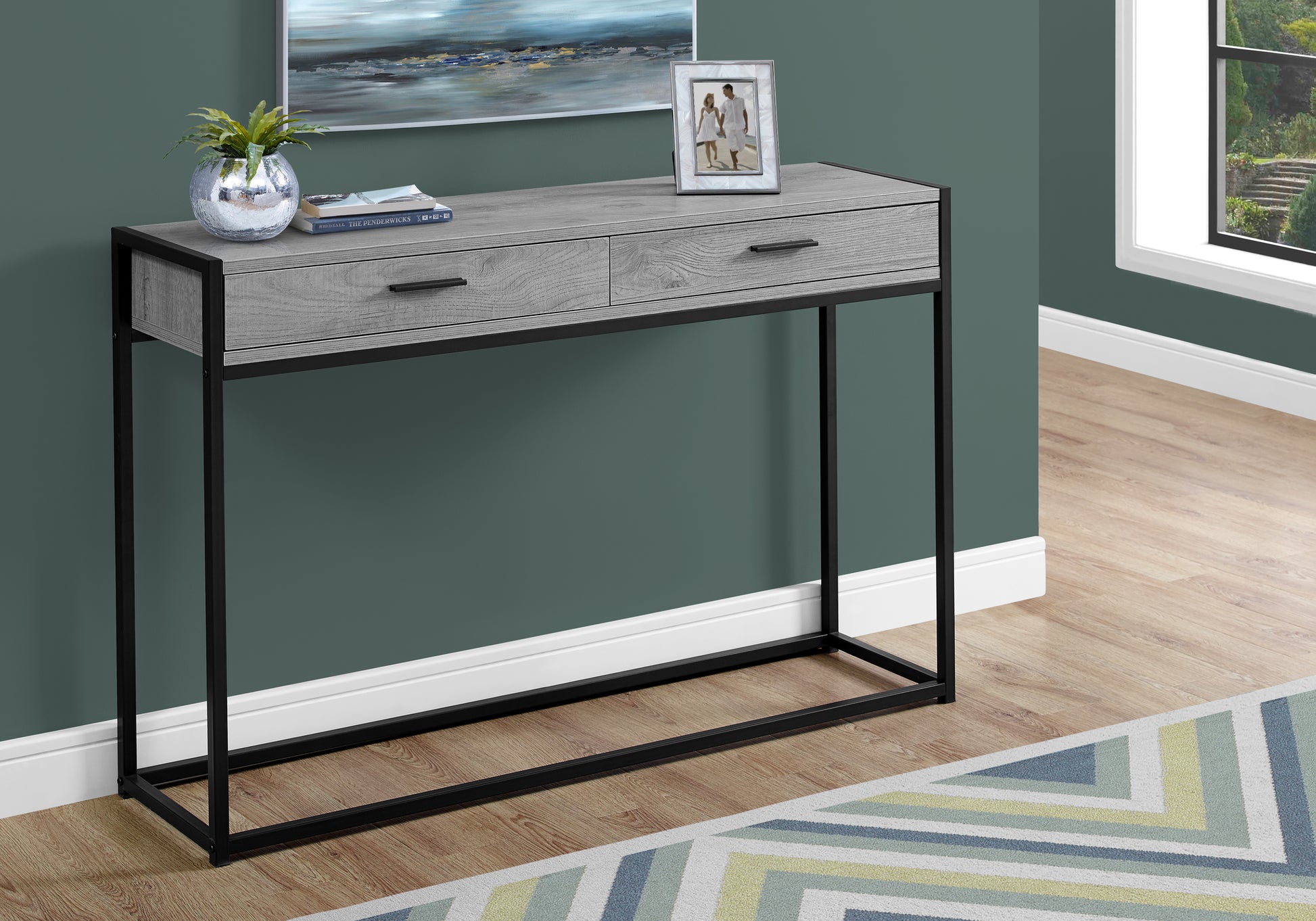 Accent Table, Console, Entryway, Narrow, Sofa, Storage Drawer, Living Room, Bedroom, Grey Laminate, Black Metal, Contemporary, Modern Grey Mdf