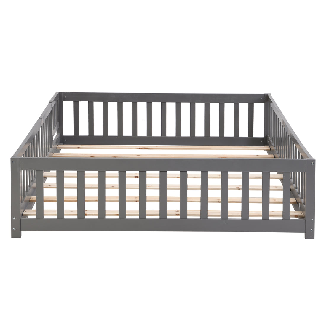 Queen Size Floor Bed With Door,Solid Wood Platform Bed Frame With Fence,Suitable For Children,Pine Wood,Gray Gray Wood