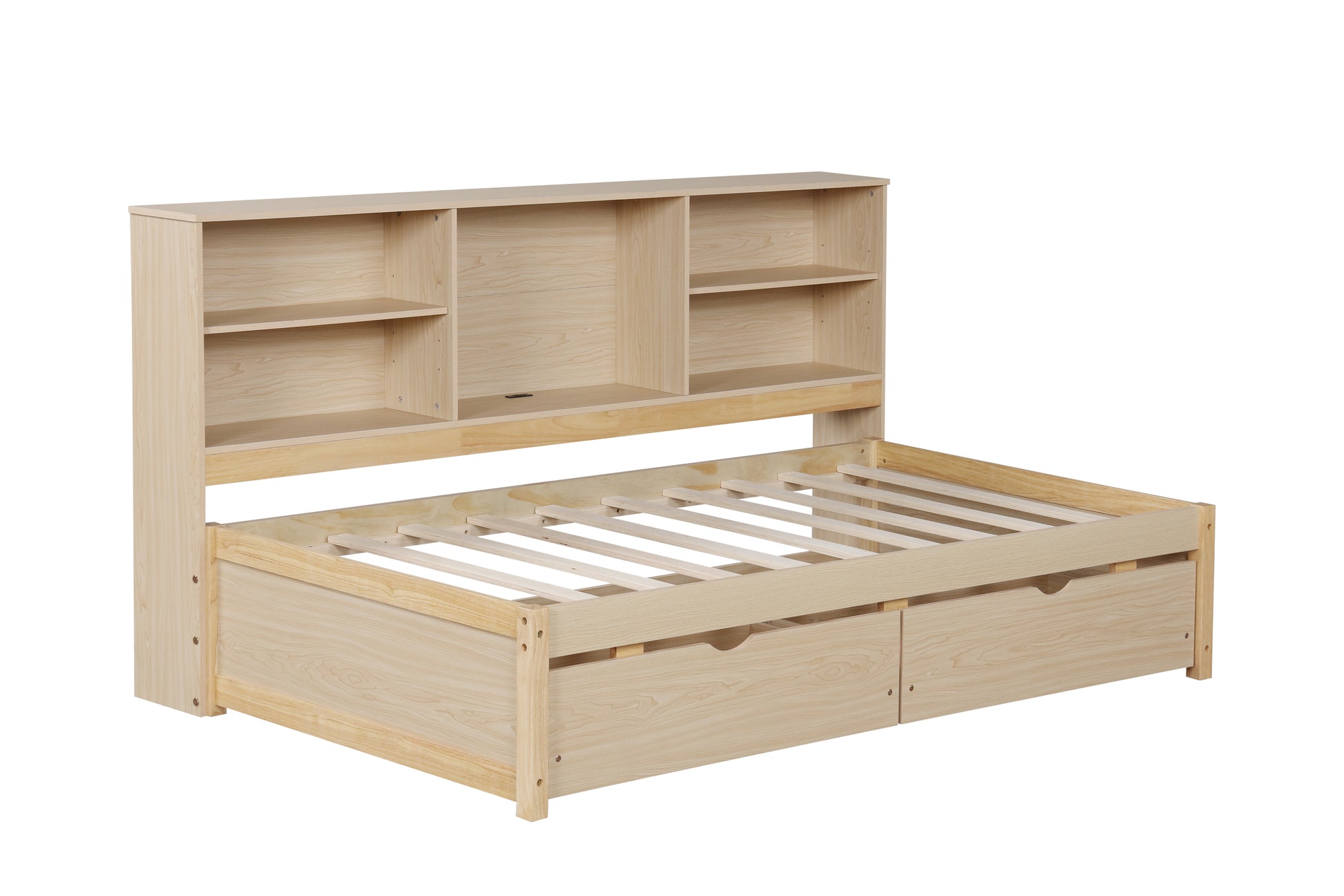 Twin Size Bed Frame With Side Bookshelves, Two Drawers, And Built In Usb Port For Natural Color Box Spring Not Required Twin Natural Bedroom Bookcase Particle Board,Plywood,Rubber Wood