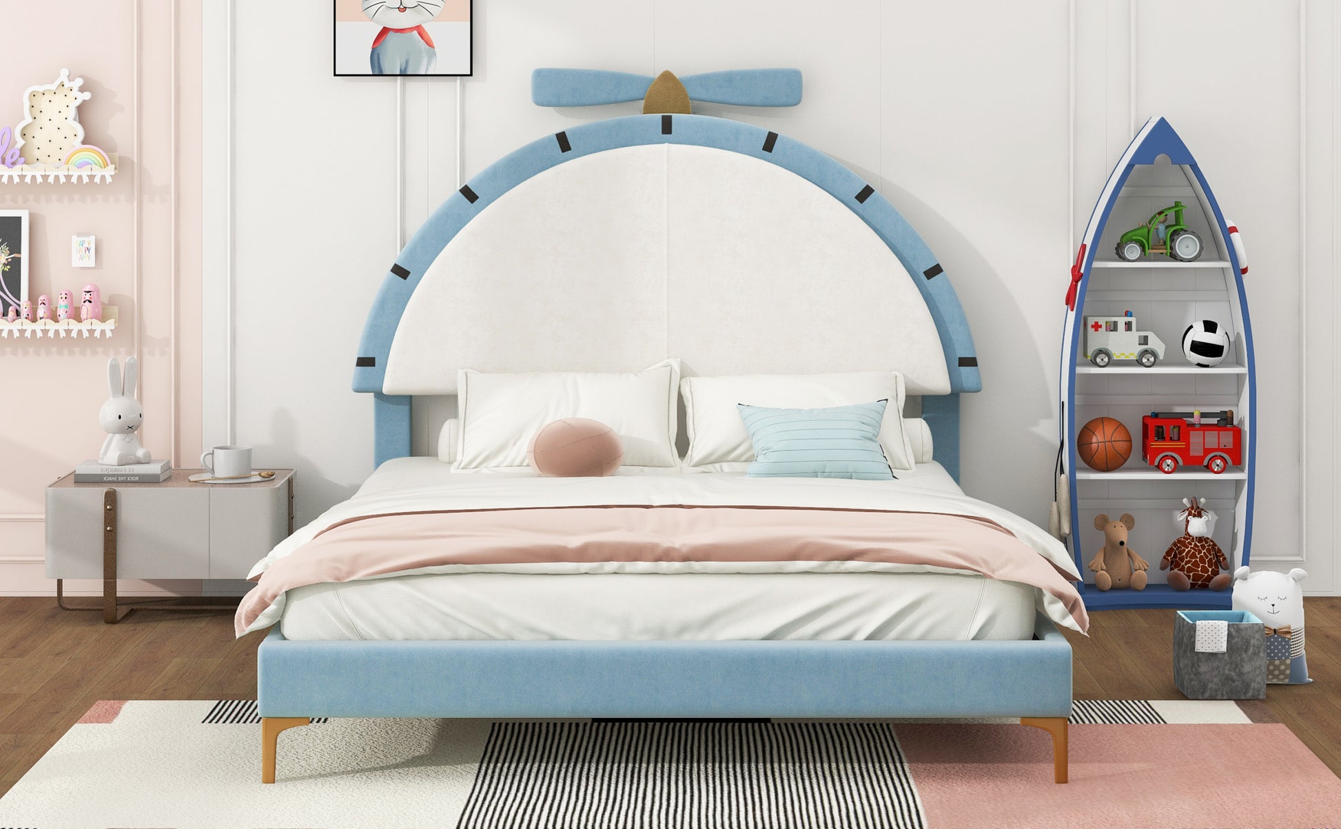Full Size Upholstered Platform Bed With Alarm Clock Shaped Headboard, Blue Box Spring Not Required Full Blue Wood Bedroom Bed Frame Velvet Upholstered