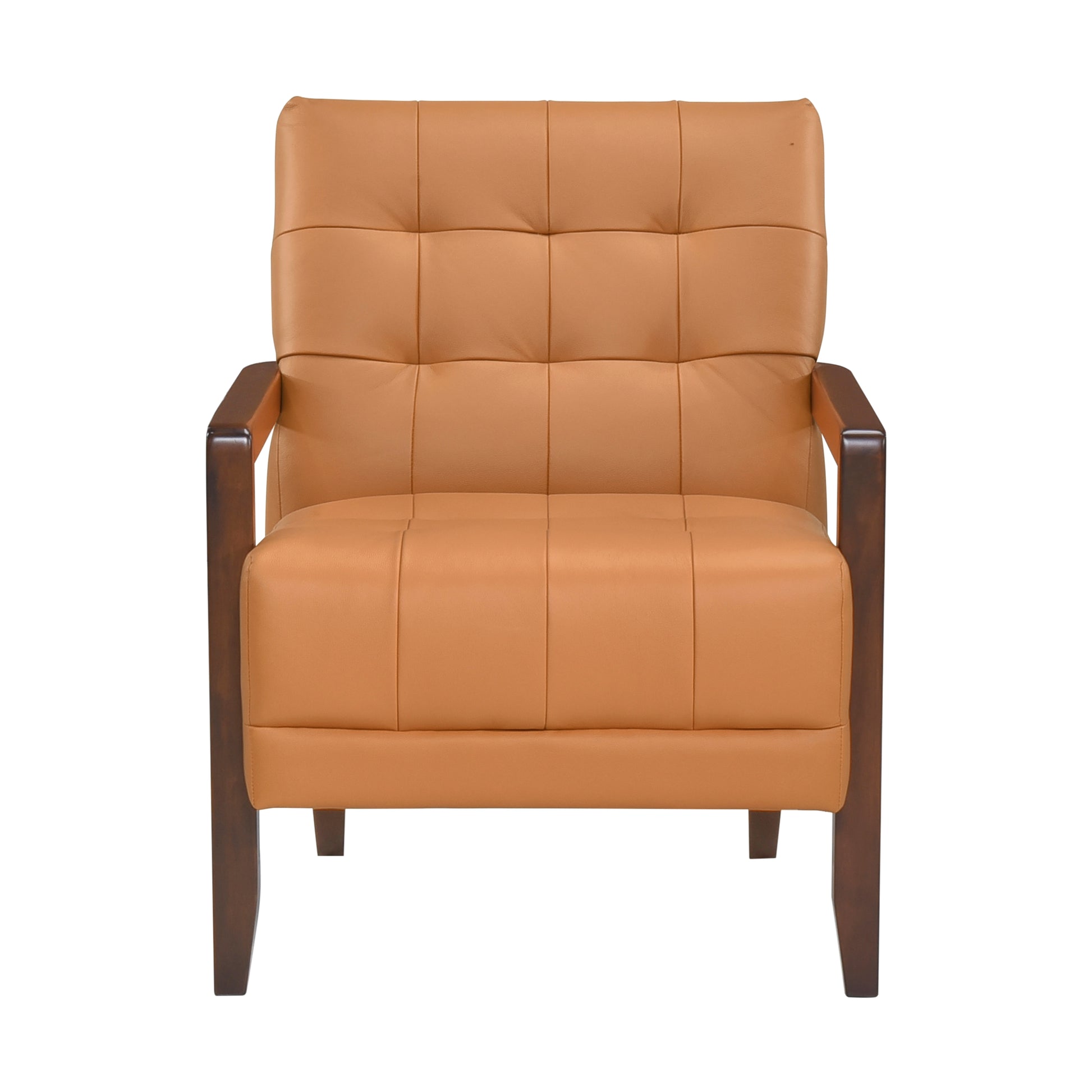 Modern Style Accent Chair Orange Leather Upholstered Tufted Detail Walnut Finish Wood Furniture 1Pc Orange Primary Living Space Contemporary,Modern Plywood