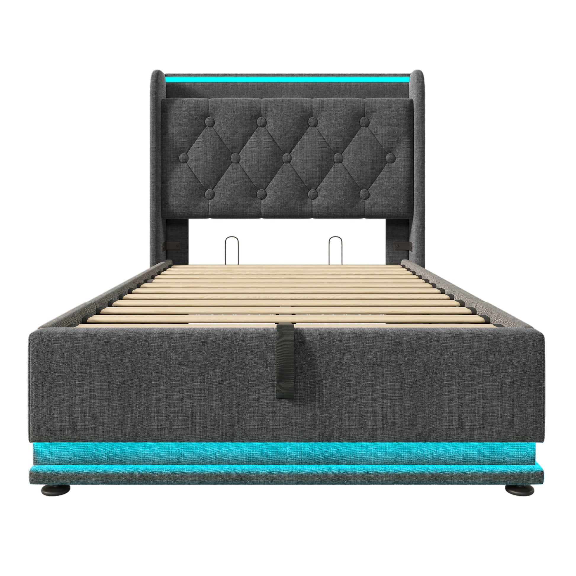 Twin Size Upholstered Bed, 360 Surround Led Function, Buttons Apps Remote Control, Hydraulic Storage Bed With Usb Type C Charging, Gray,Linen Without Mattress Twin Gray Linen