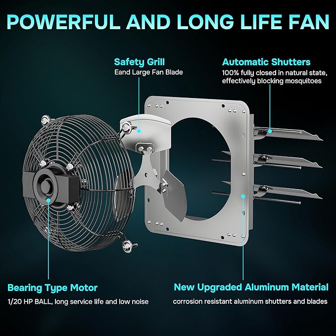 7 Inch Wall Mounted Shutter Exhaust Fan, Aluminum, 1600 Rpm, 760 Cfm, For Attic, Garage, Louvered Vent, Plant, Greenhouse, Silver Silver Aluminum