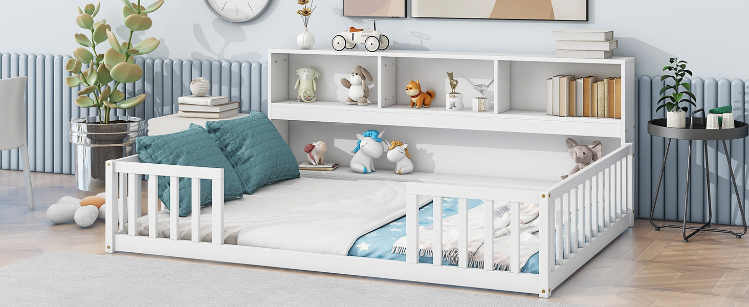 Full Floor Bed With Side Bookcase,Shelves,Guardrails,White Full White Bedroom American Design Pine