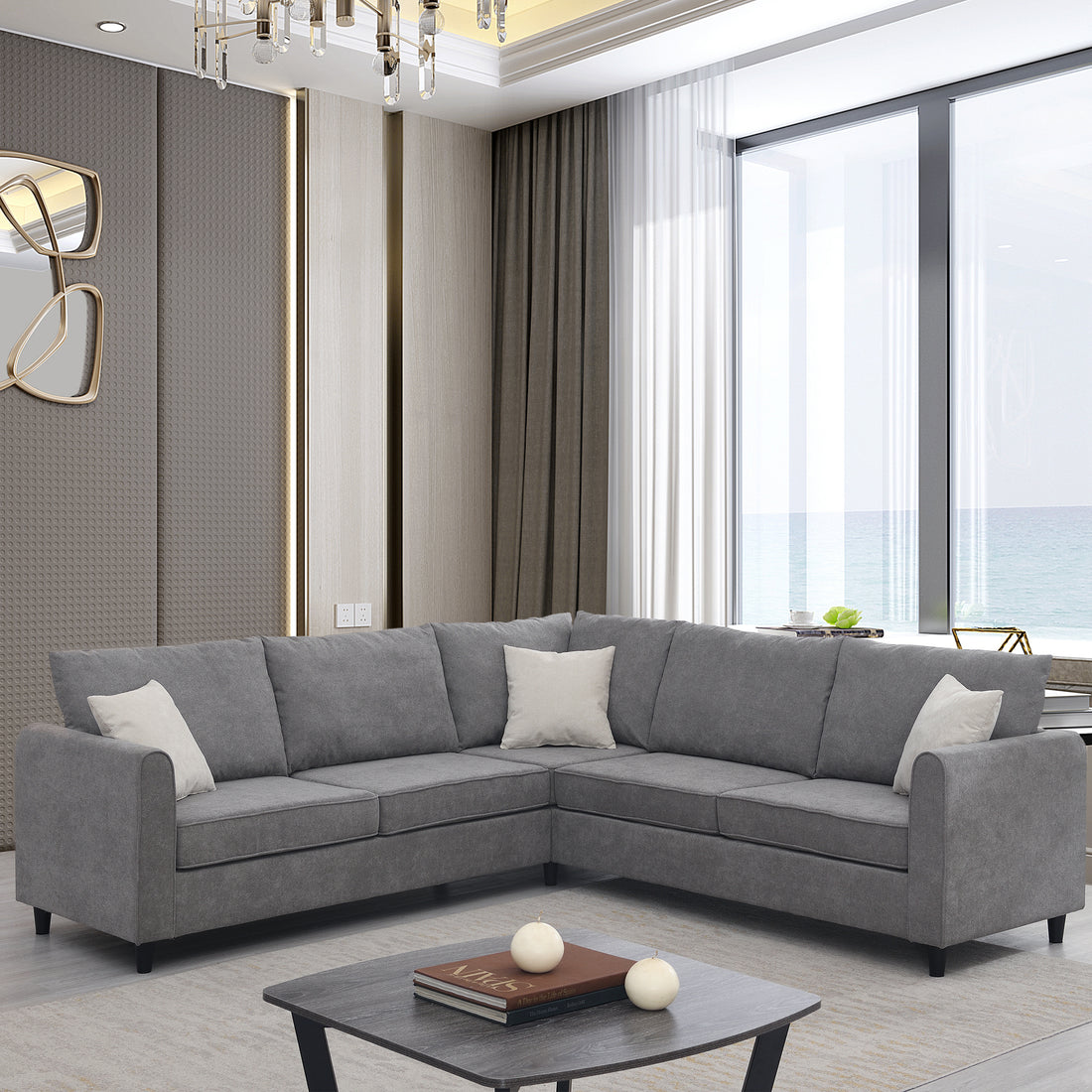 91*91" Modern Upholstered Living Room Sectional Sofa, L Shape Furniture Couch With 3 Pillows Grey Fabric 5 Seat