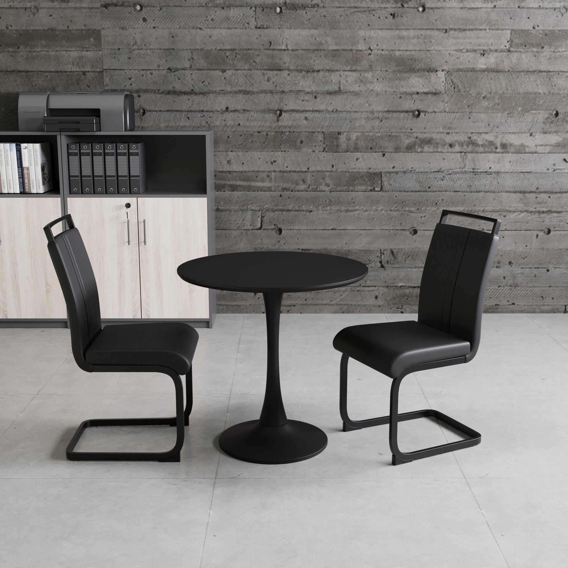 Black Circular Dining Table, 31.5 "Tulip Dining Table, Kitchen Dining Table For 2 4 People, Mdf Tabletop And Base, And 2 Black Pu Black Metal Leg Dining Chairs Set 2 Black Mdf