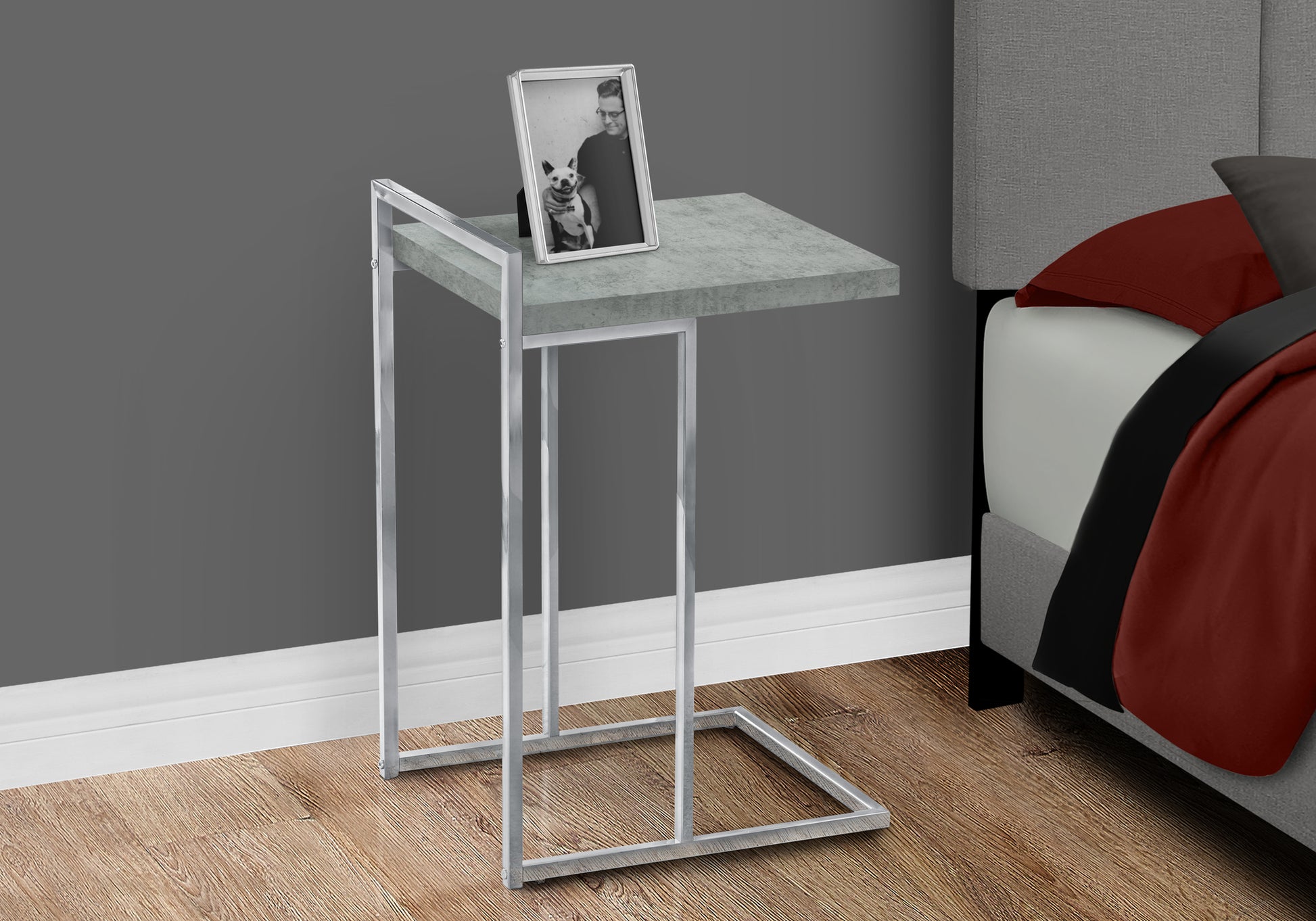 Accent Table, C Shaped, End, Side, Snack, Living Room, Bedroom, Grey Laminate, Chrome Metal, Contemporary, Modern Grey Particle Board