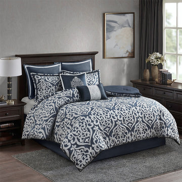 8 Piece Jacquard Comforter Set Navy Silver Cal King California King Navy Silver Polyester